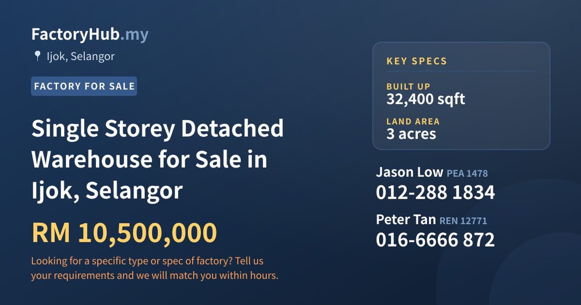 Single Storey Detached Warehouse for Sale in Ijok, Selangor - Property image 1 of 2