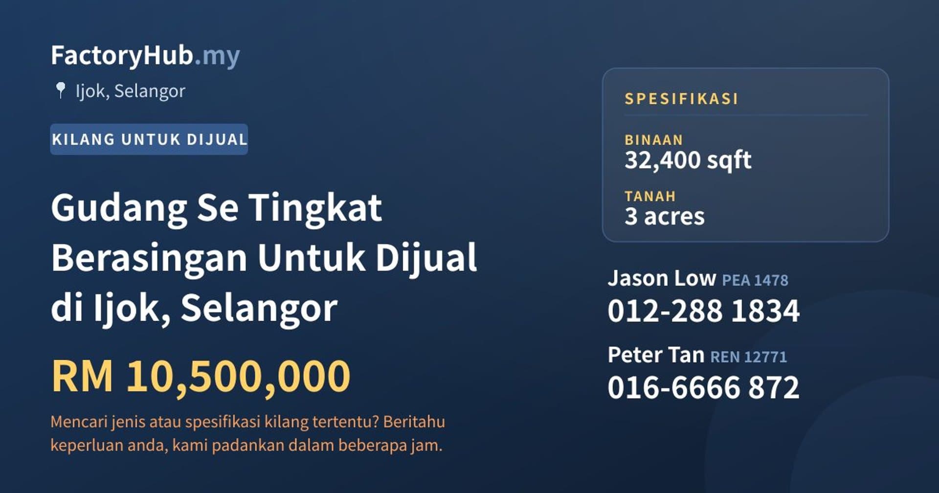 Gudang Se Tingkat Berasingan Untuk Dijual di Ijok, Selangor · Imej hartanah 1/2