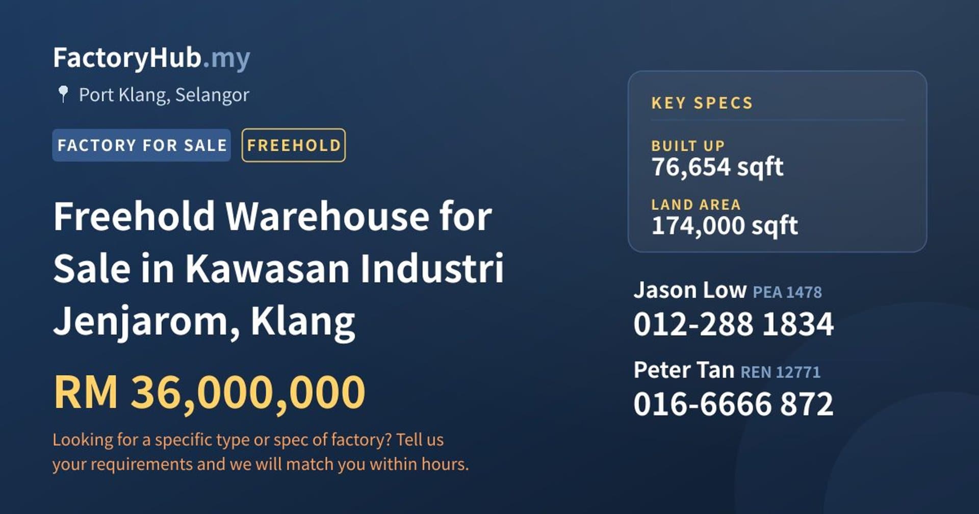 Freehold Warehouse for Sale in Kawasan Industri Jenjarom, Klang - Property image 1 of 2