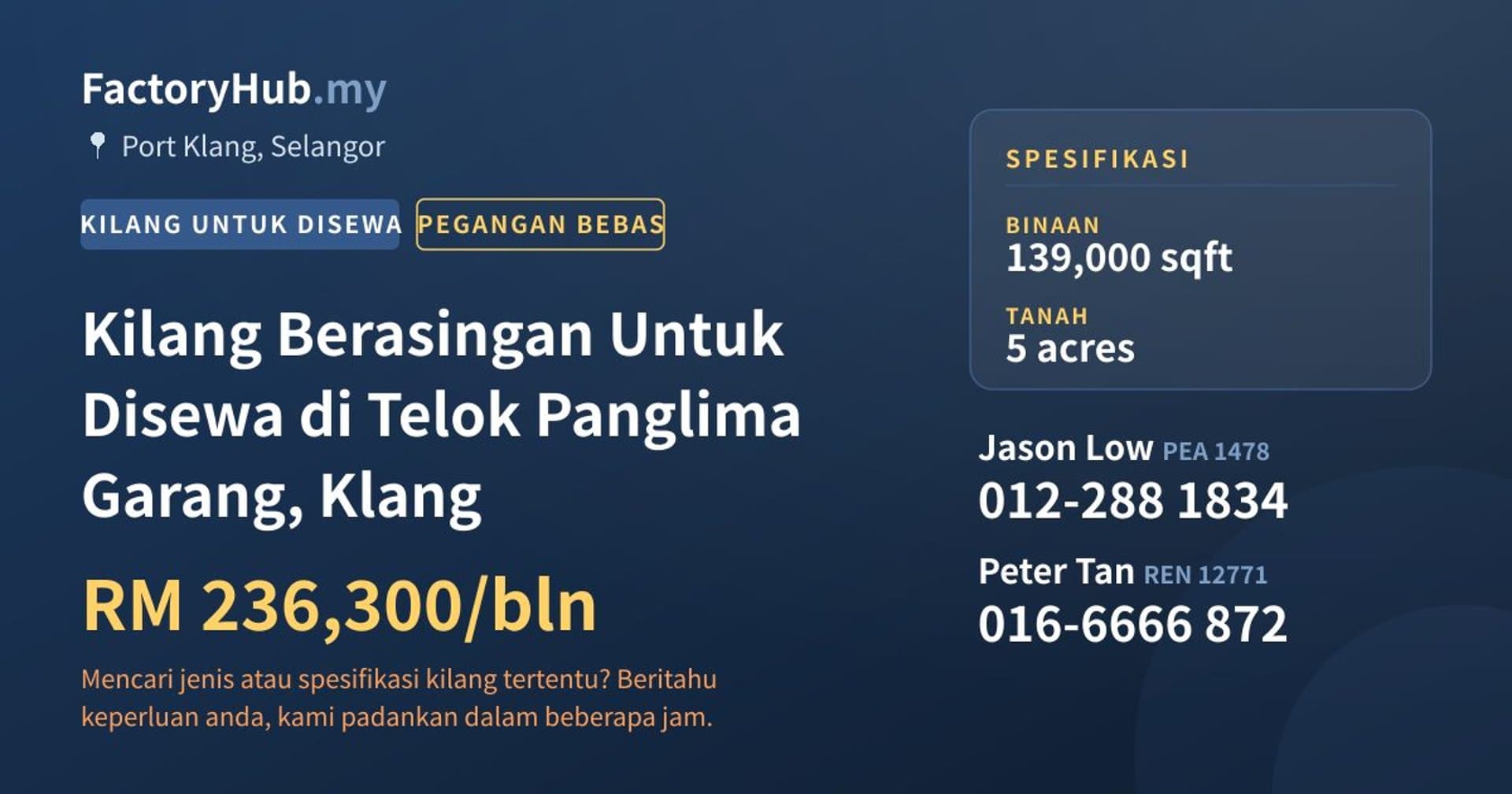 Kilang Berasingan Untuk Disewa di Telok Panglima Garang, Klang · Imej hartanah 1/2