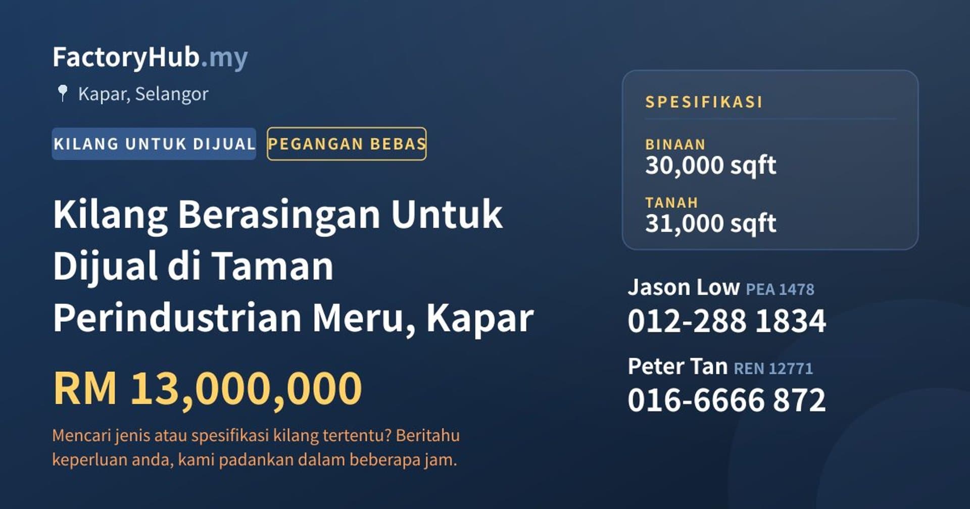 Kilang Berasingan Untuk Dijual di Taman Perindustrian Meru, Kapar · Imej hartanah 1/2
