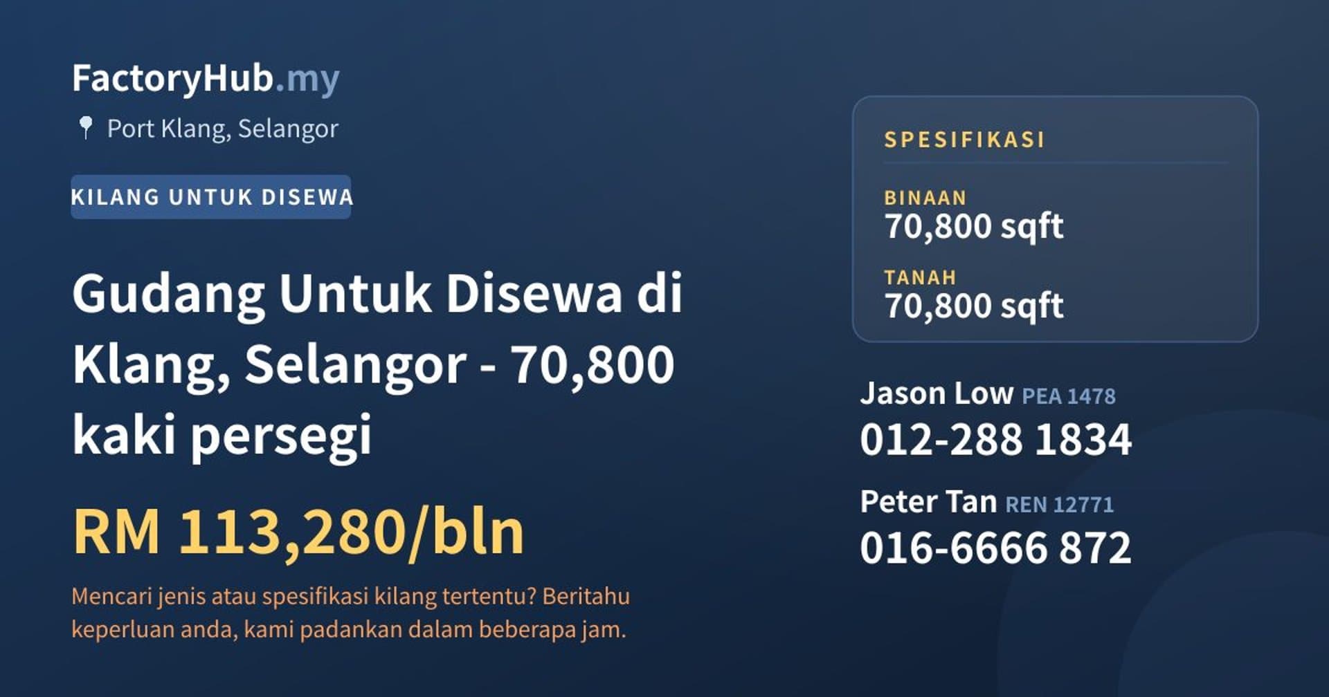 Gudang Untuk Disewa di Klang, Selangor - 70,800 kaki persegi · Imej hartanah 1/2
