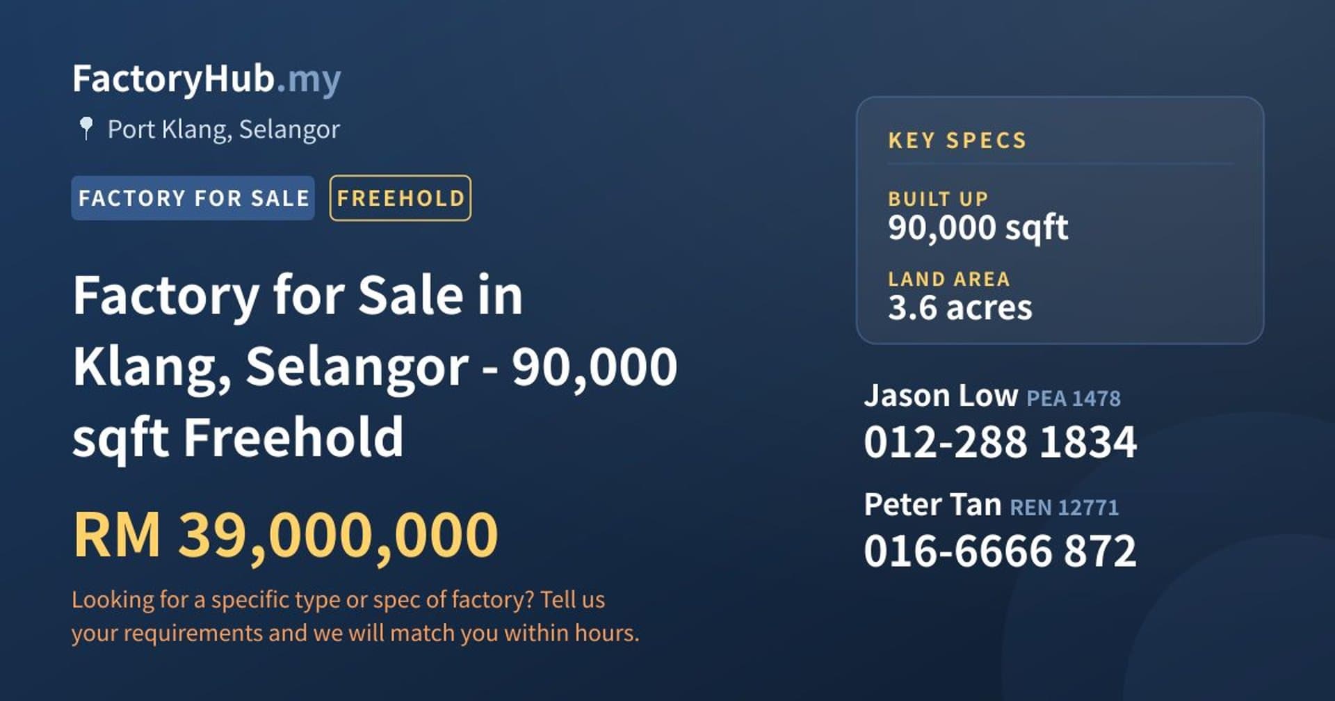 Factory for Sale in Klang, Selangor - 90,000 sqft Freehold - Property image 1 of 2