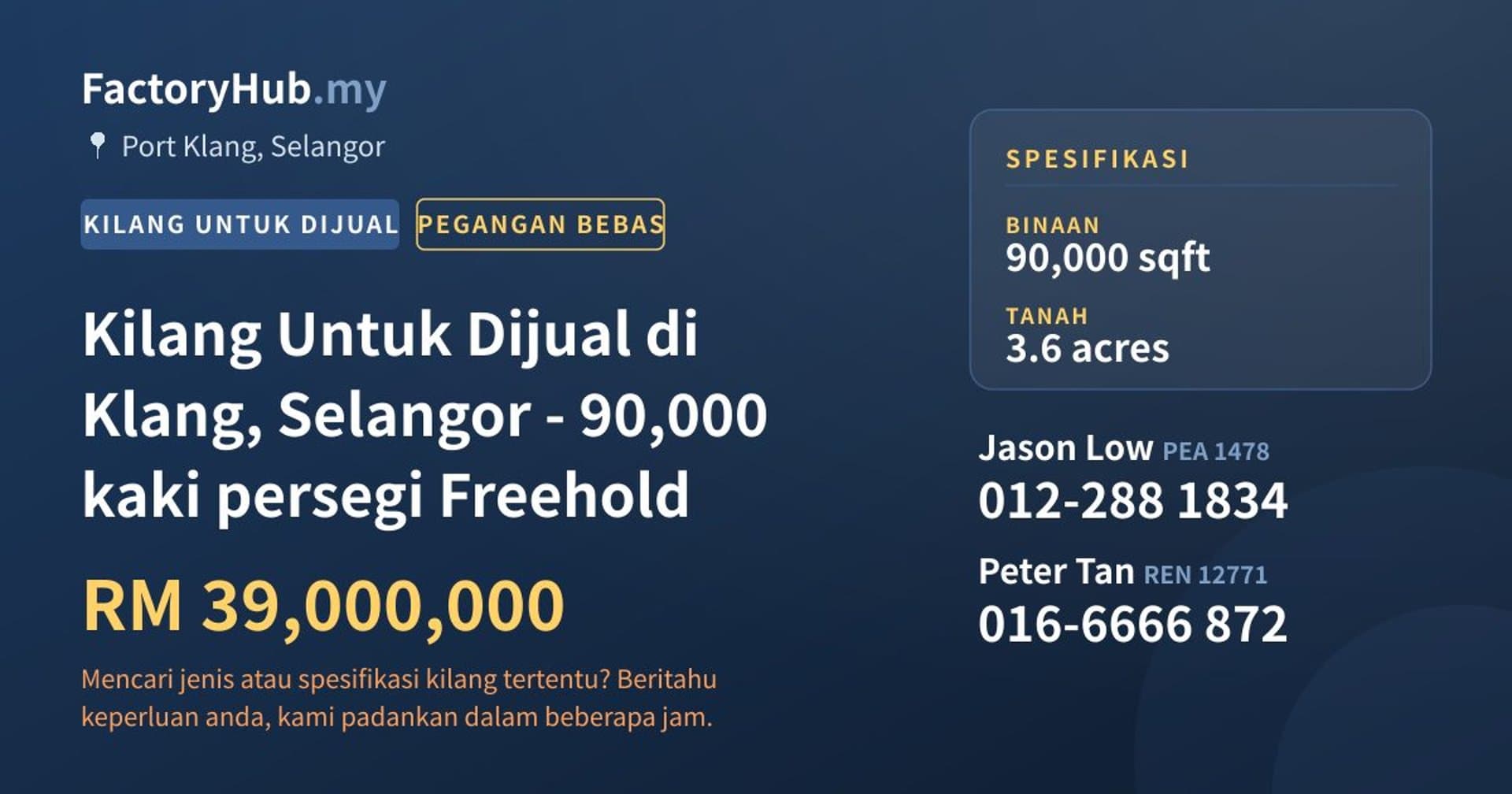 Kilang Untuk Dijual di Klang, Selangor - 90,000 kaki persegi Freehold · Imej hartanah 1/2