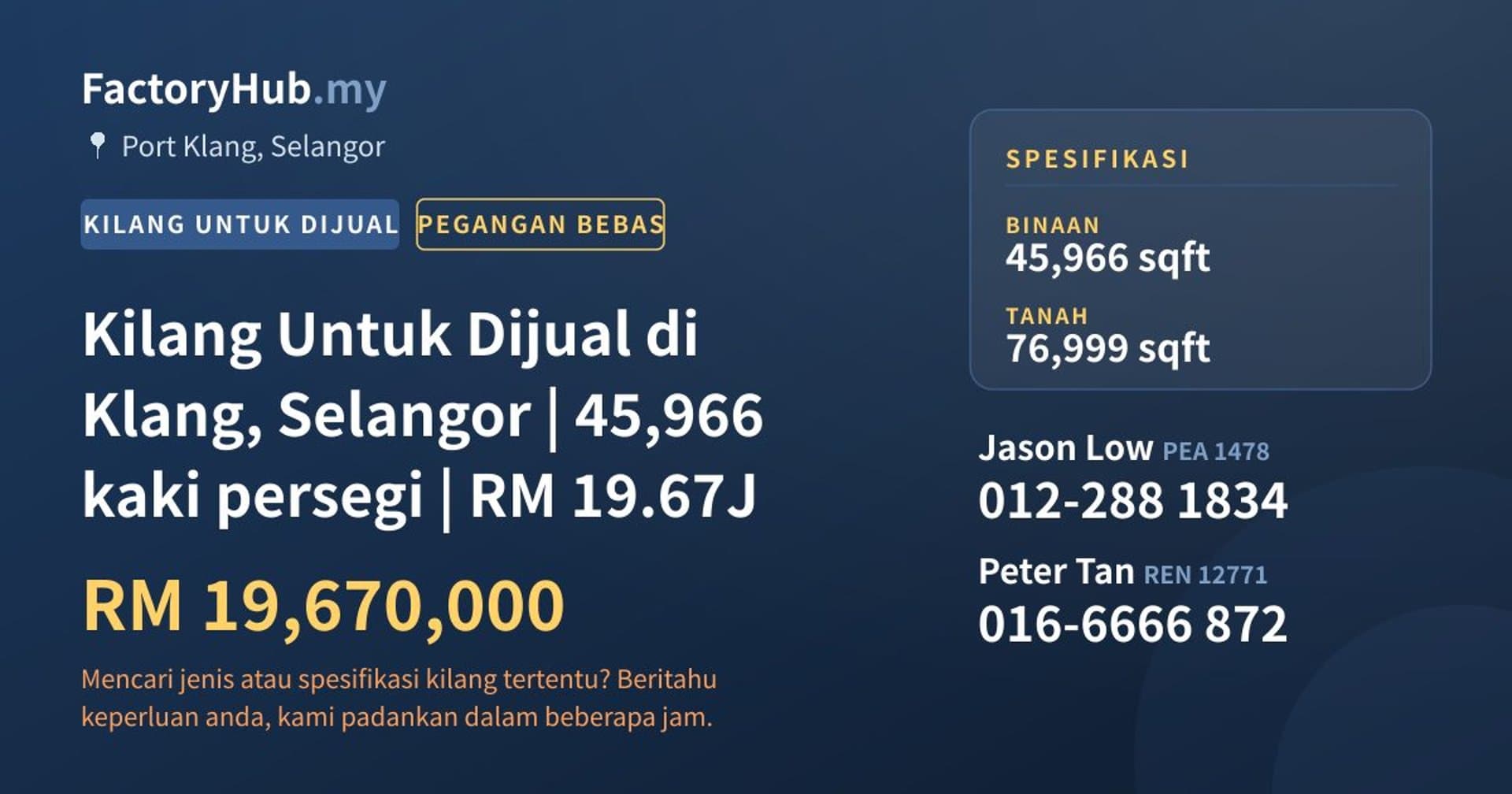 Kilang Untuk Dijual di Klang, Selangor | 45,966 kaki persegi | RM 19.67J · Imej hartanah 1/2