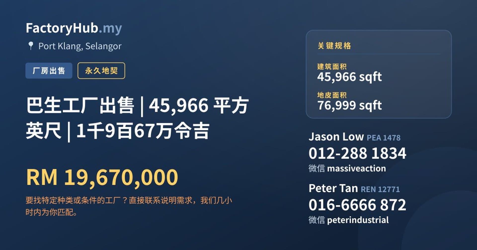 巴生工厂出售 | 45,966 平方英尺 | 1千9百67万令吉 · 房源图片 1/2