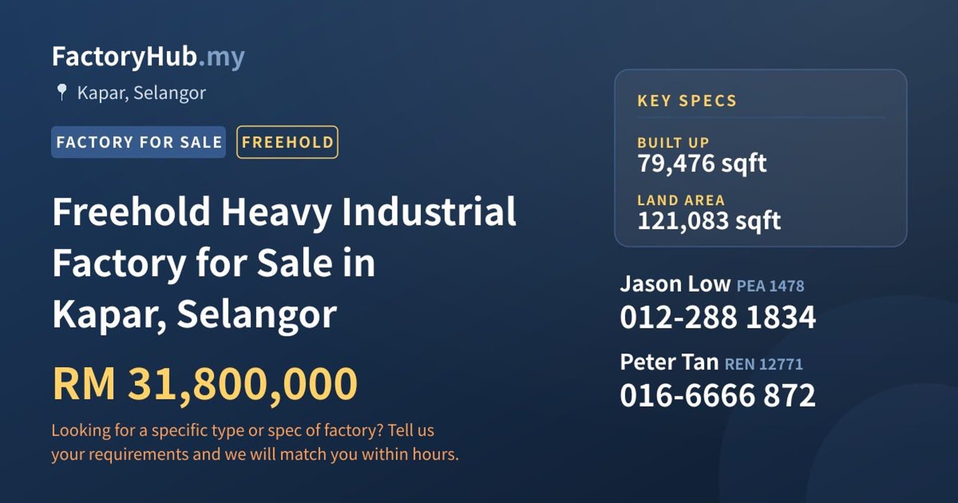 Freehold Heavy Industrial Factory for Sale in Kapar, Selangor - Property image 1 of 2