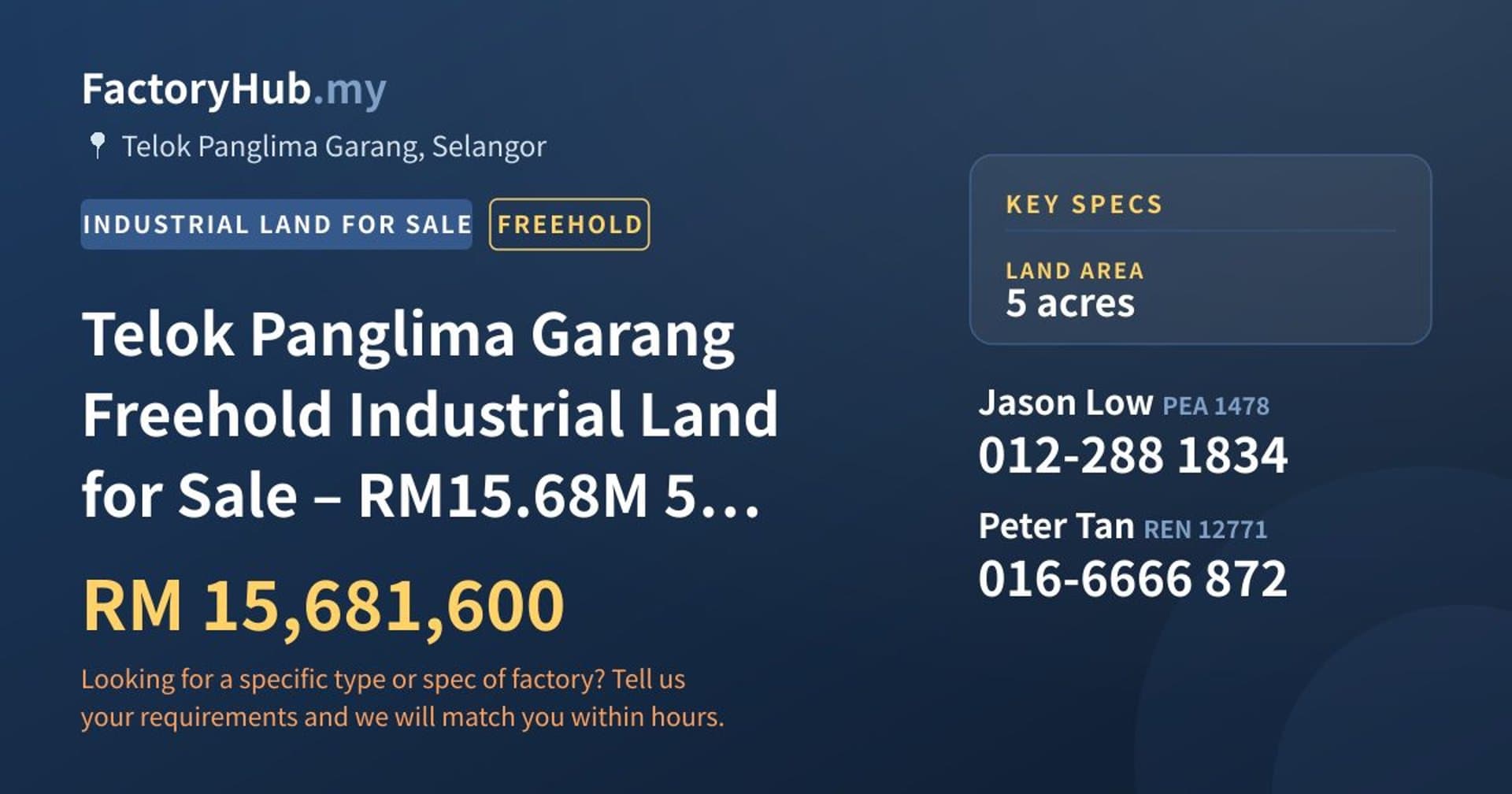 Telok Panglima Garang Freehold Industrial Land for Sale – RM15.68M 5 acres - Property image 1 of 6