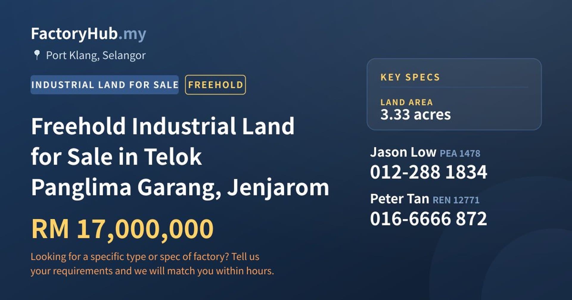 Freehold Industrial Land for Sale in Telok Panglima Garang, Jenjarom - Property image 1 of 2