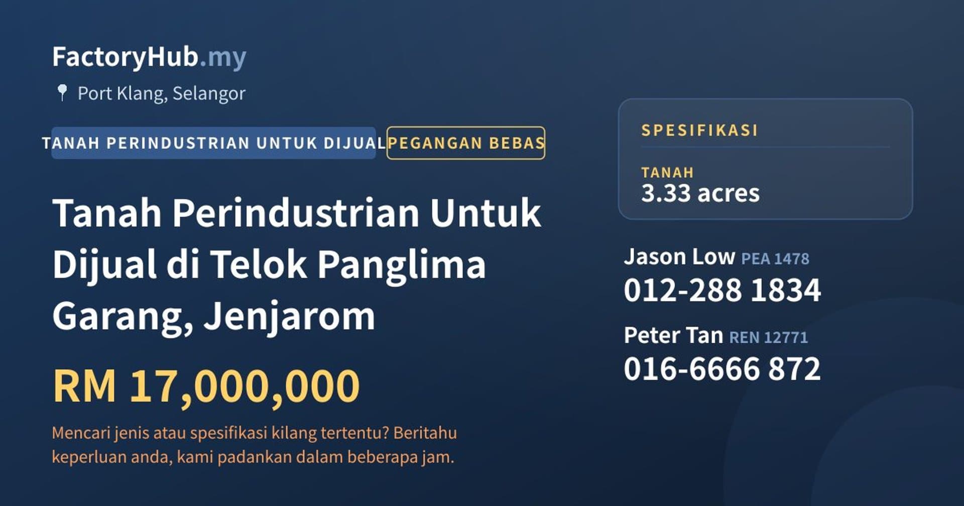Tanah Perindustrian Untuk Dijual di Telok Panglima Garang, Jenjarom · Imej hartanah 1/2