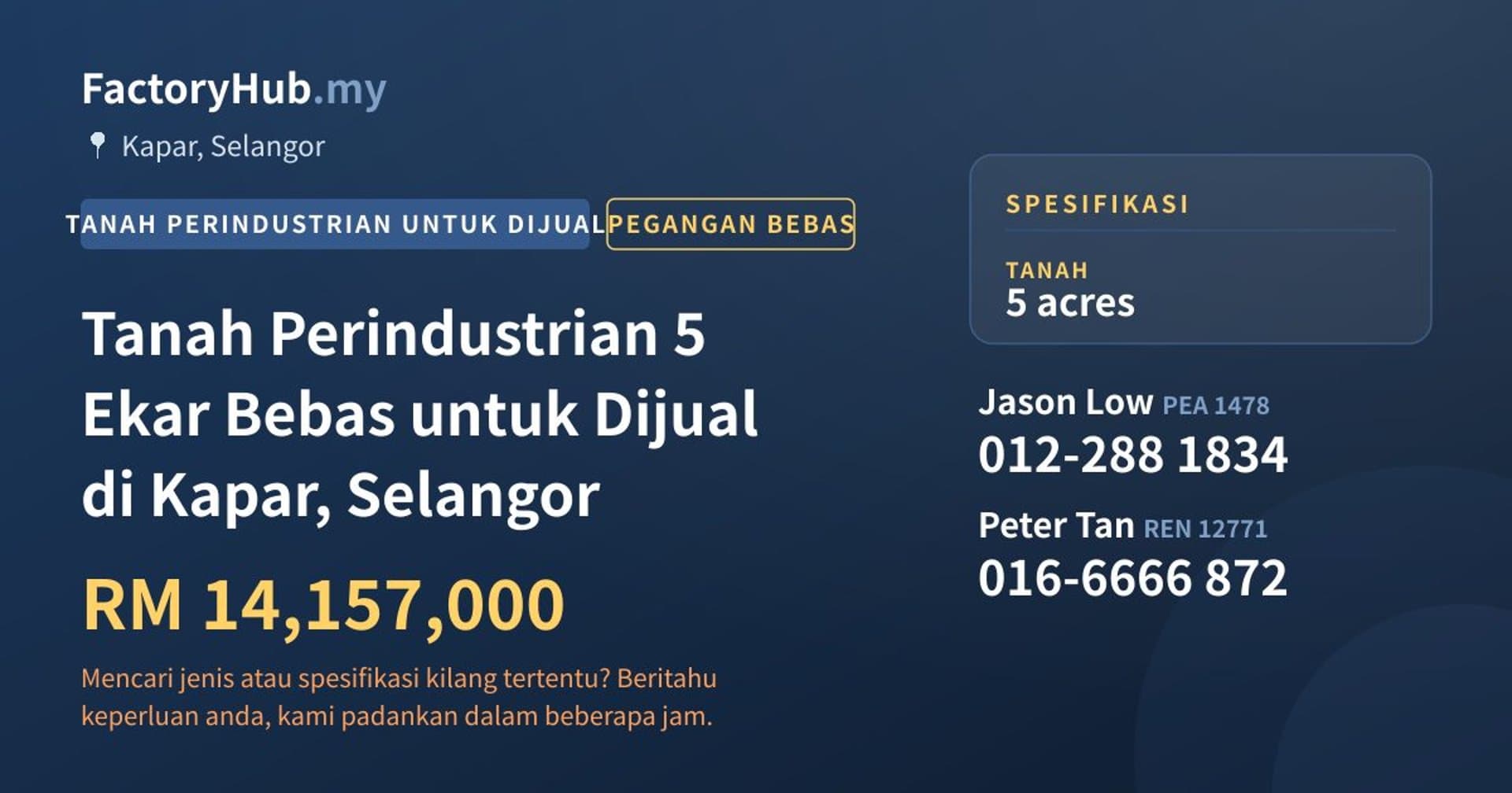 Tanah Perindustrian 5 Ekar Bebas untuk Dijual di Kapar, Selangor · Imej hartanah 1/2