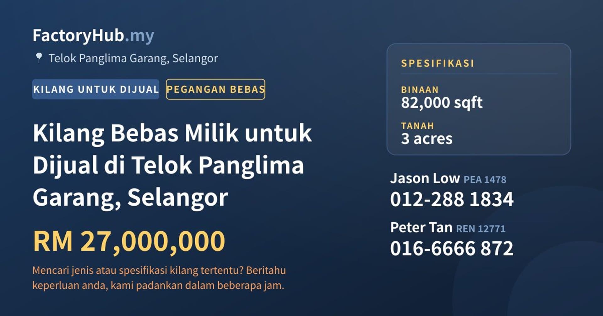 Kilang Bebas Milik untuk Dijual di Telok Panglima Garang, Selangor · Imej hartanah 1/2