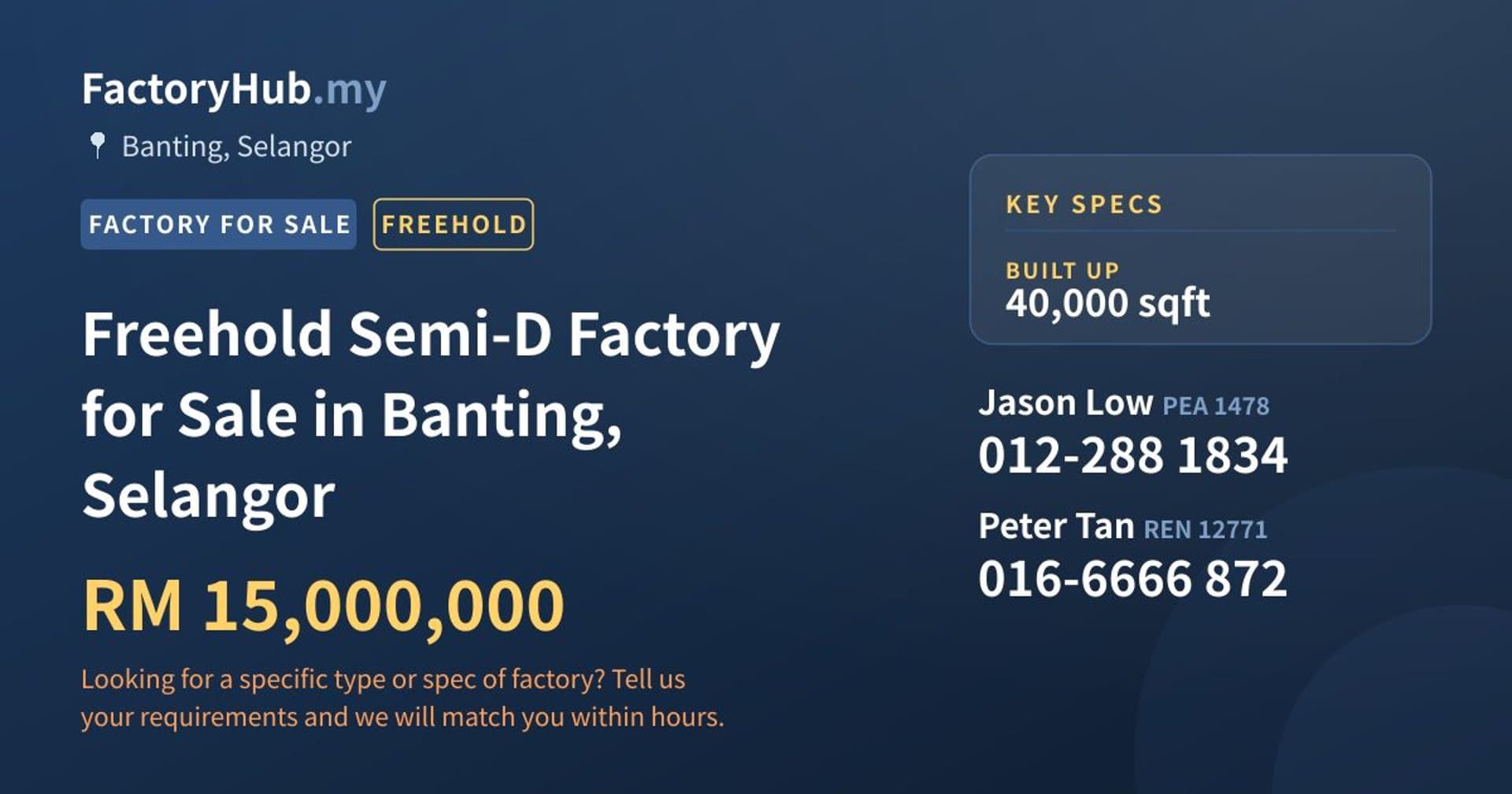 Freehold Semi-D Factory for Sale in Banting, Selangor - Property image 1 of 2
