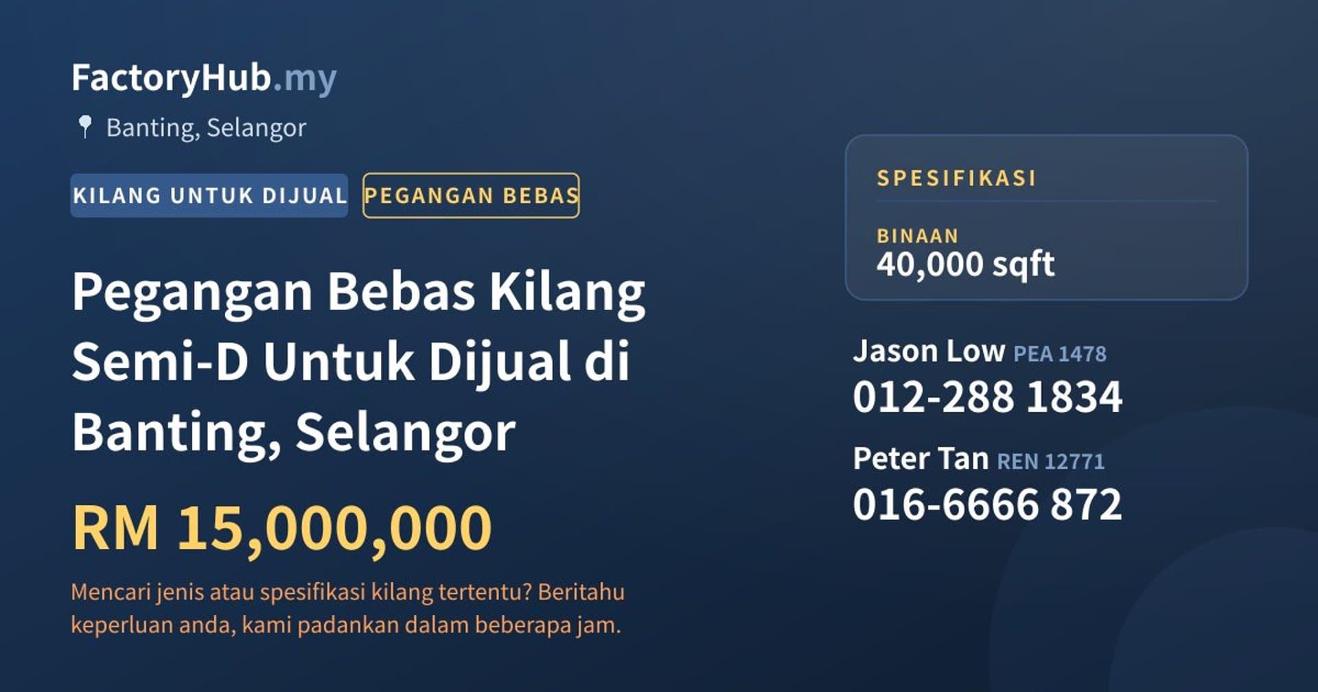 Pegangan Bebas Kilang Semi-D Untuk Dijual di Banting, Selangor · Imej hartanah 1/2