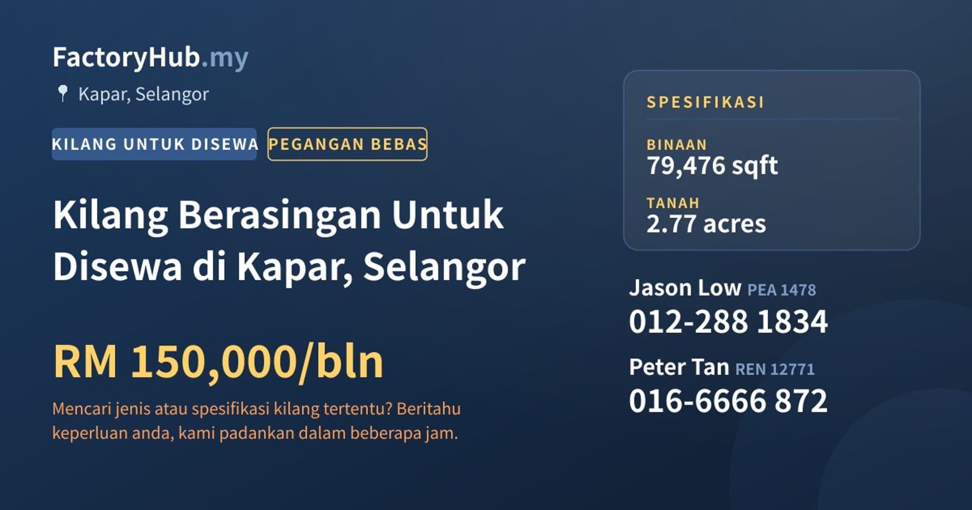 Kilang Berasingan Untuk Disewa di Kapar, Selangor · Imej hartanah 1/2
