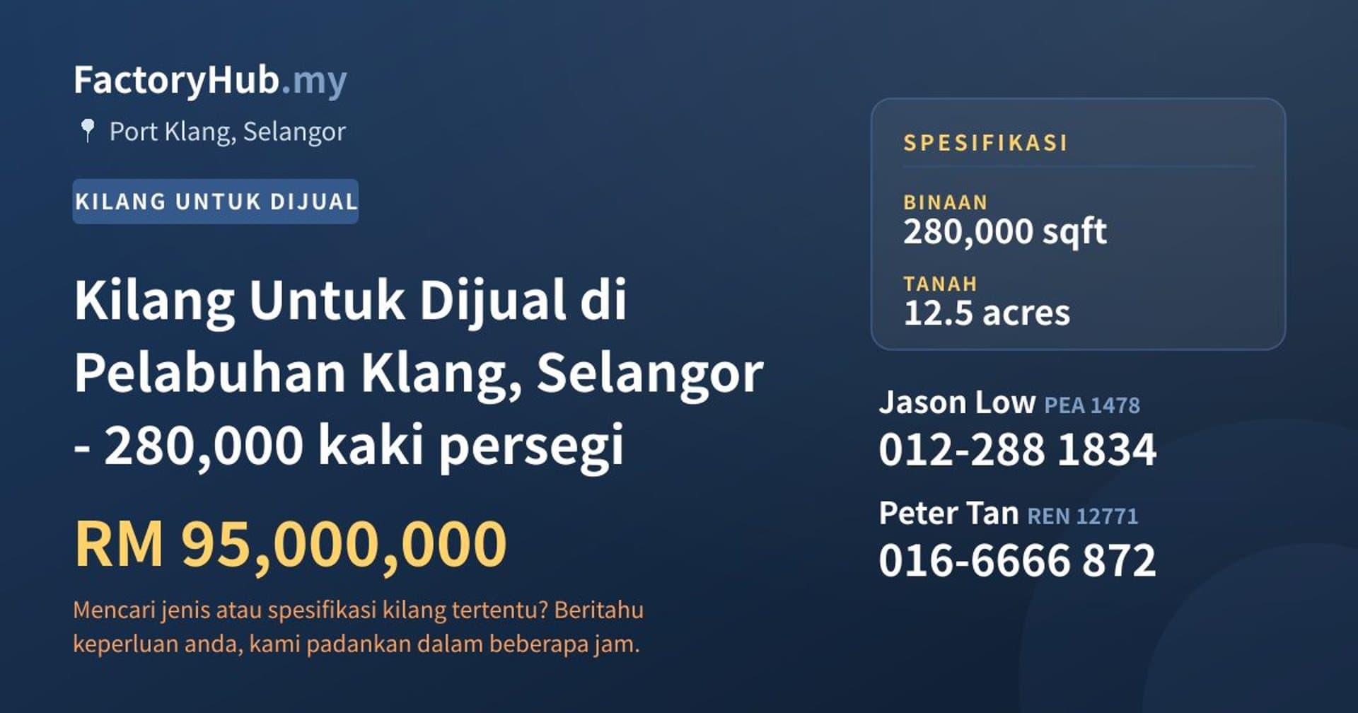 Kilang Untuk Dijual di Pelabuhan Klang, Selangor - 280,000 kaki persegi · Imej hartanah 1/2