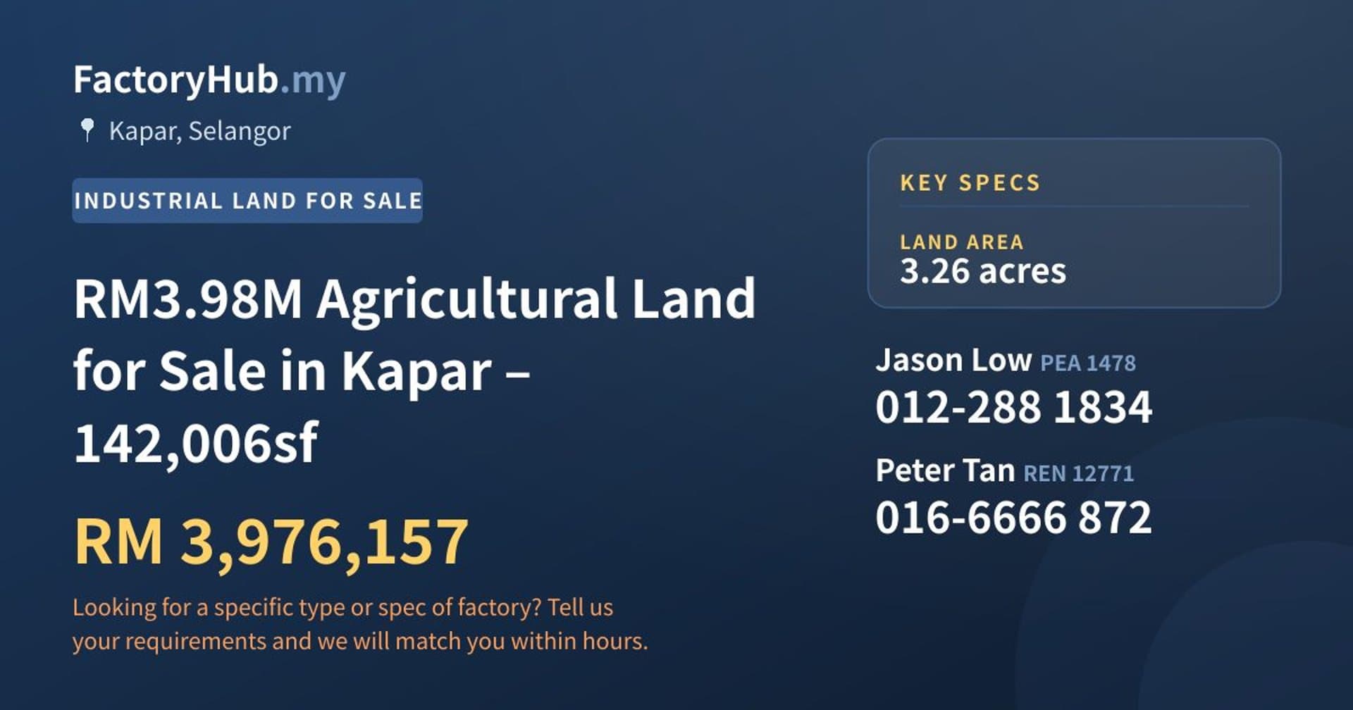 RM3.98M Agricultural Land for Sale in Kapar – 142,006sf - Property image 1 of 5