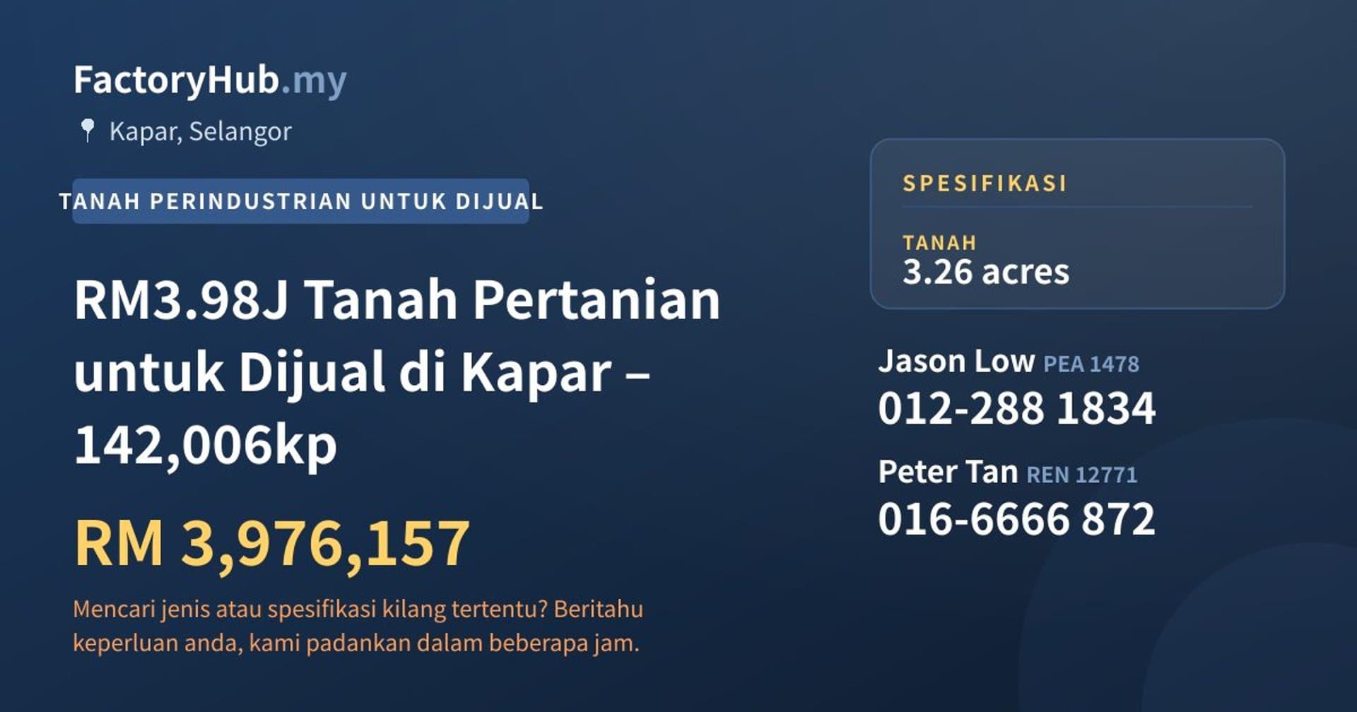 RM3.98J Tanah Pertanian untuk Dijual di Kapar – 142,006kp · Imej hartanah 1/5