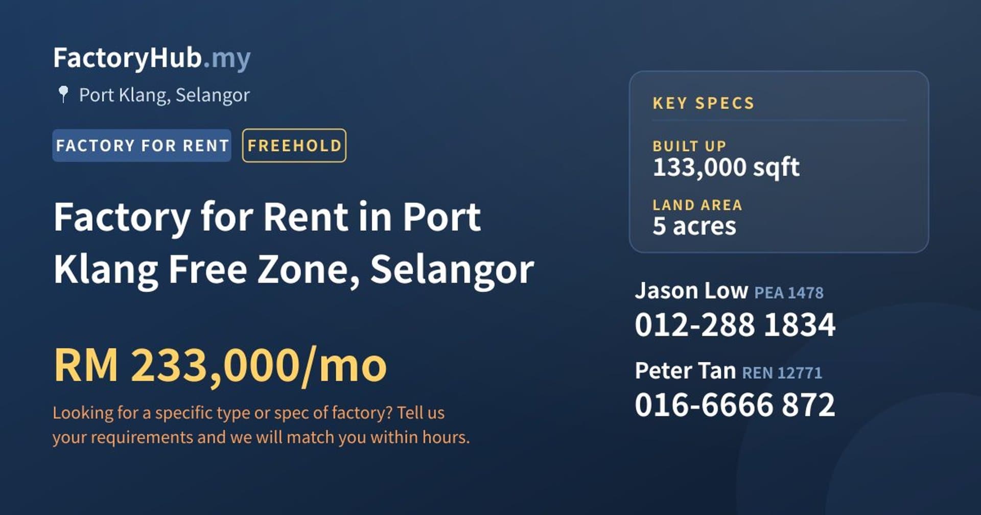 Factory for Rent in Port Klang Free Zone, Selangor - Property image 1 of 2
