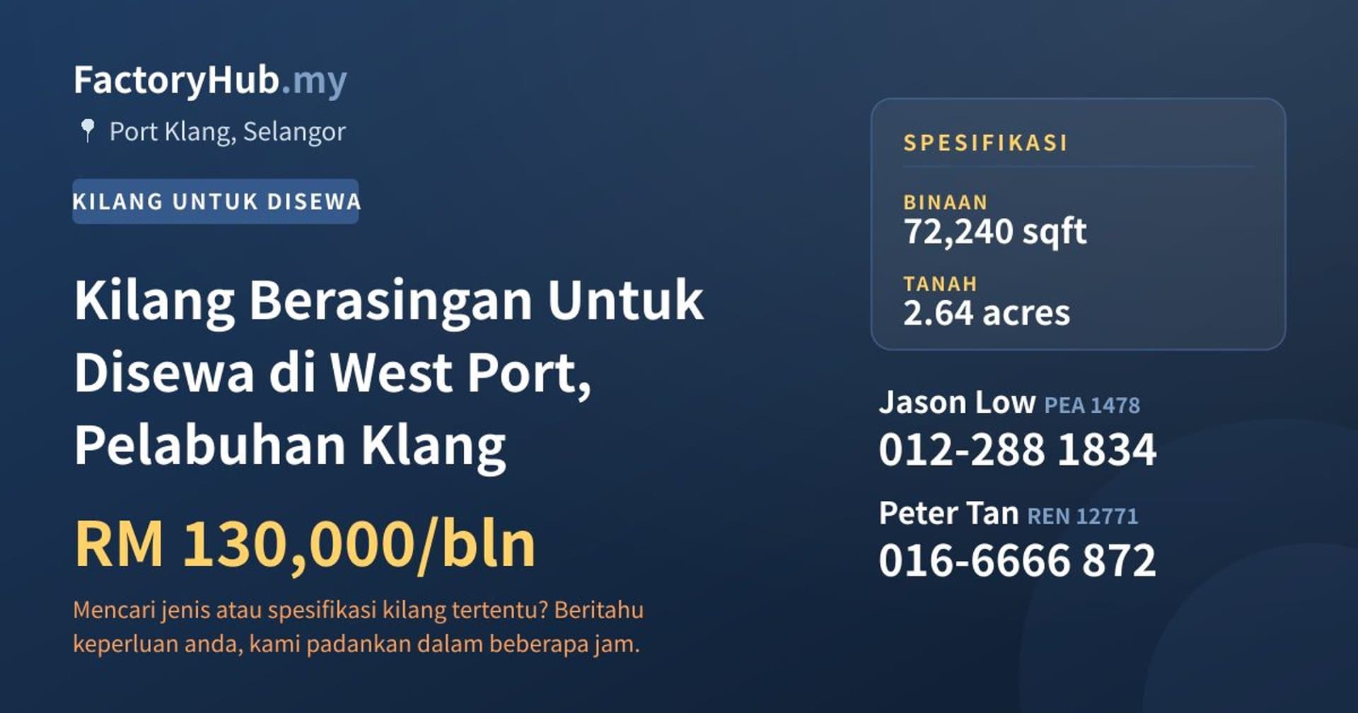 Kilang Berasingan Untuk Disewa di West Port, Pelabuhan Klang · Imej hartanah 1/2