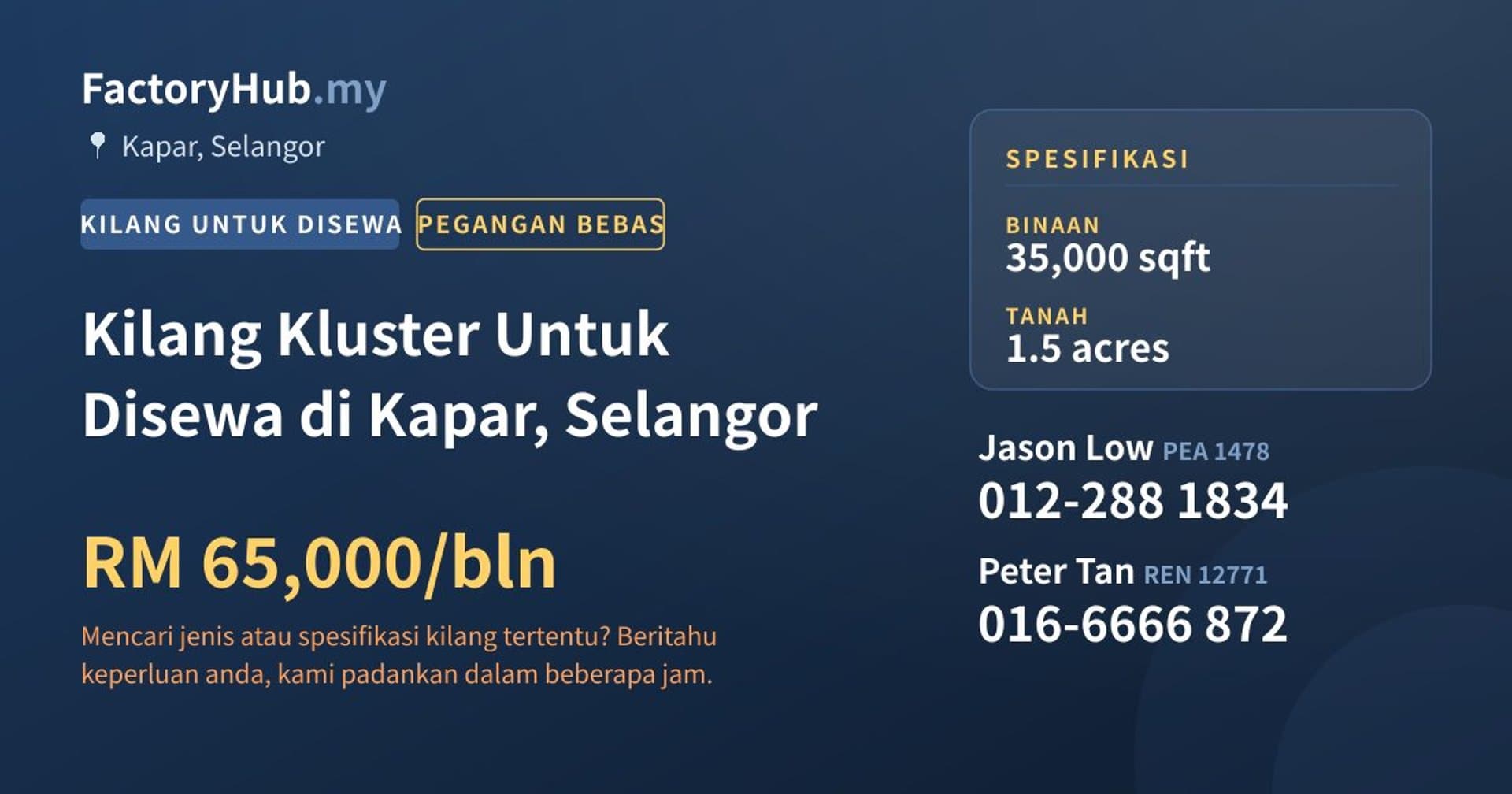 Kilang Kluster Untuk Disewa di Kapar, Selangor · Imej hartanah 1/2