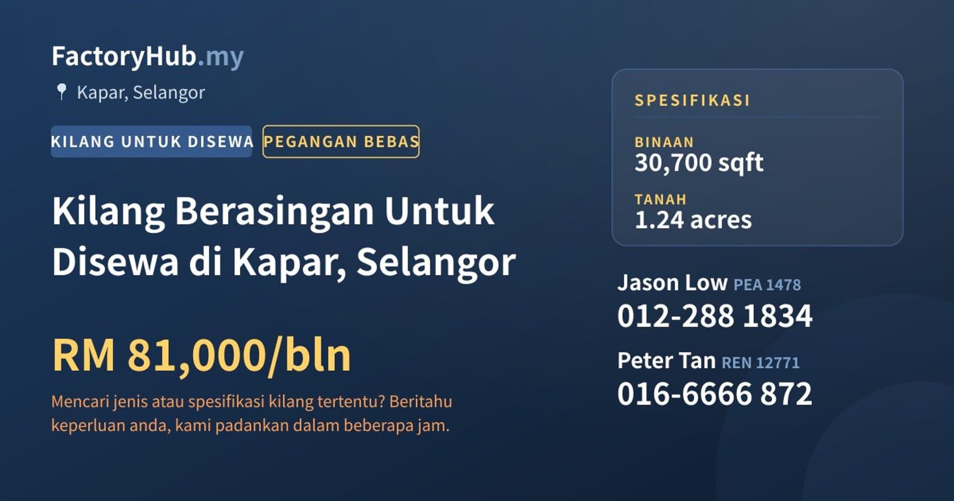 Kilang Berasingan Untuk Disewa di Kapar, Selangor · Imej hartanah 1/2