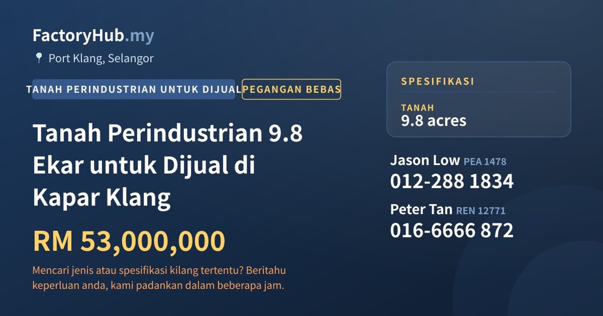 Tanah Perindustrian 9.8 Ekar untuk Dijual di Kapar Klang · Imej hartanah 1/2