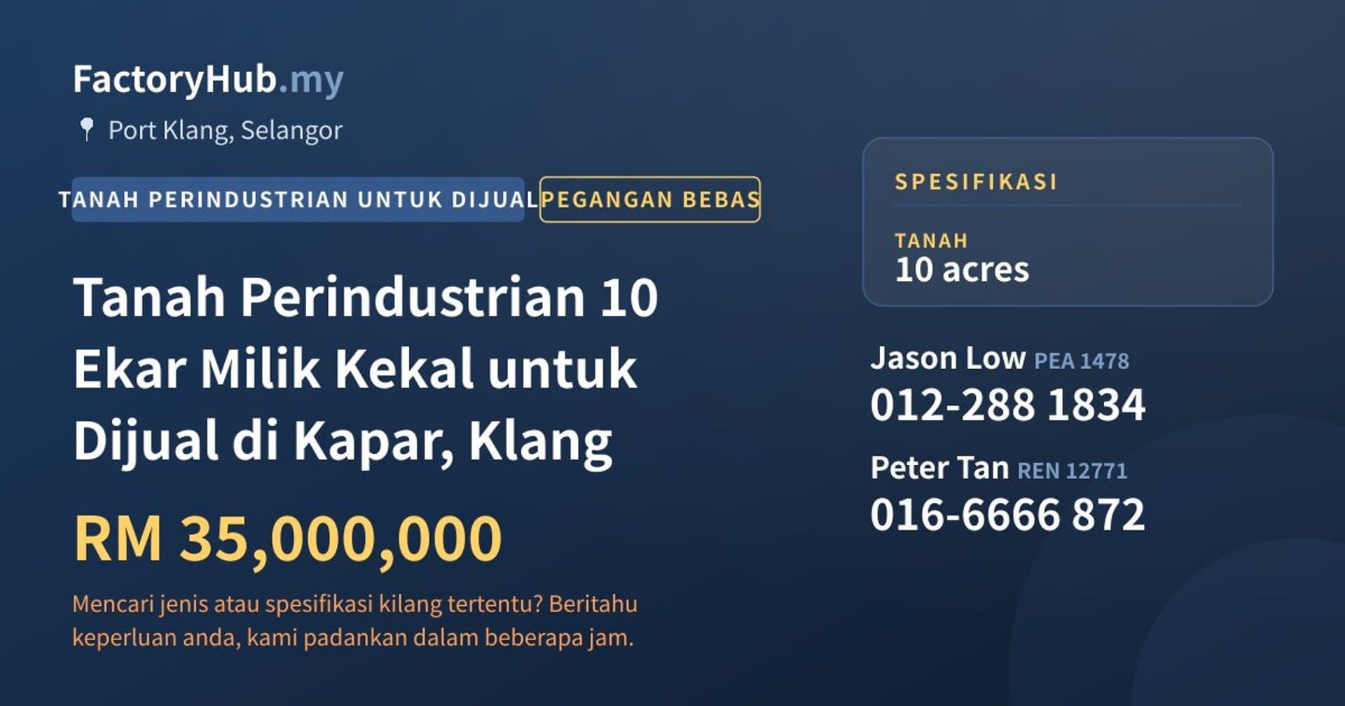 Tanah Perindustrian 10 Ekar Milik Kekal untuk Dijual di Kapar, Klang · Imej hartanah 1/2