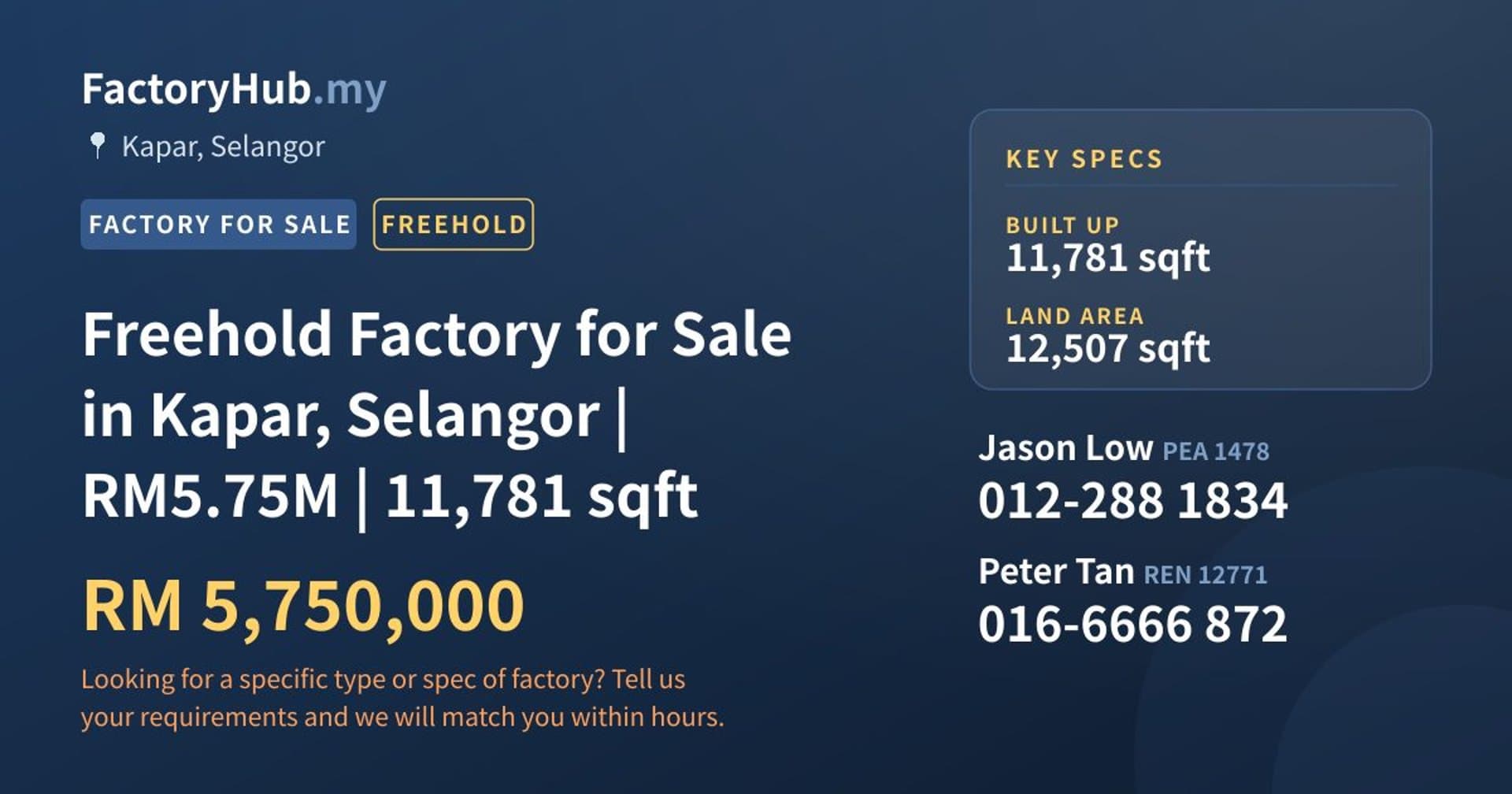 Freehold Factory for Sale in Kapar, Selangor | RM5.75M | 11,781 sqft - Property image 1 of 2