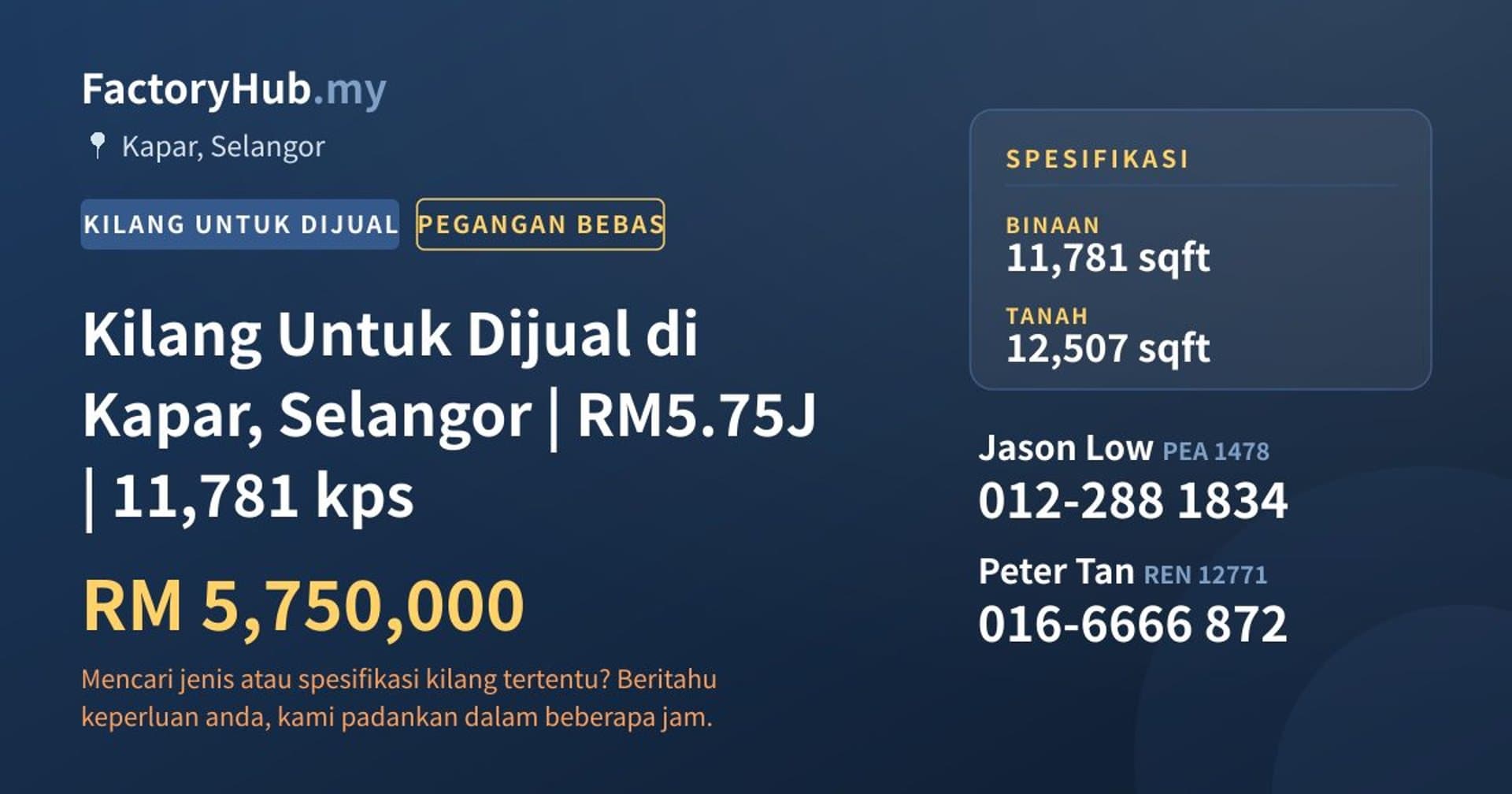 Kilang Untuk Dijual di Kapar, Selangor | RM5.75J | 11,781 kps · Imej hartanah 1/2