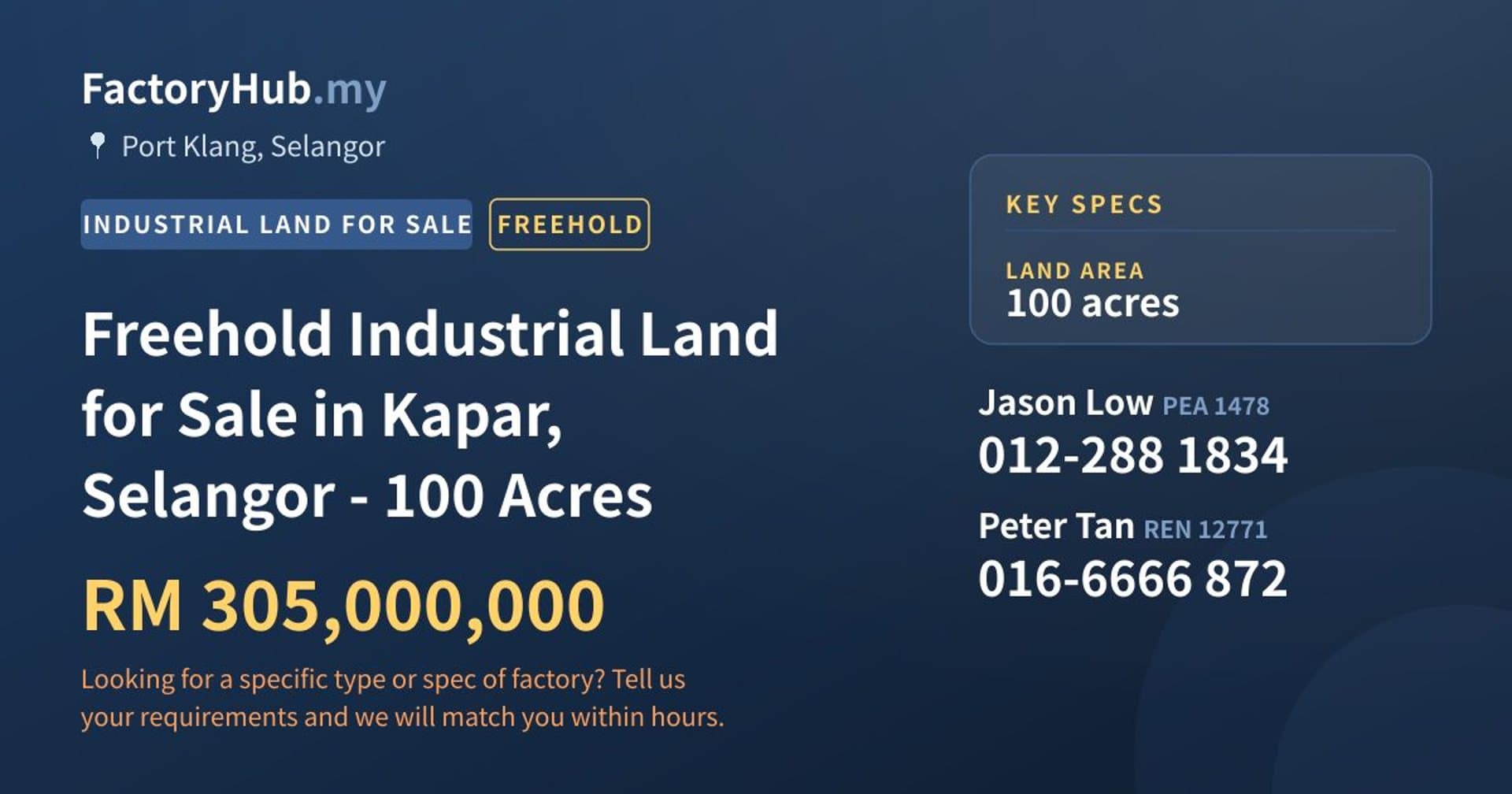 Freehold Industrial Land for Sale in Kapar, Selangor - 100 Acres - Property image 1 of 2