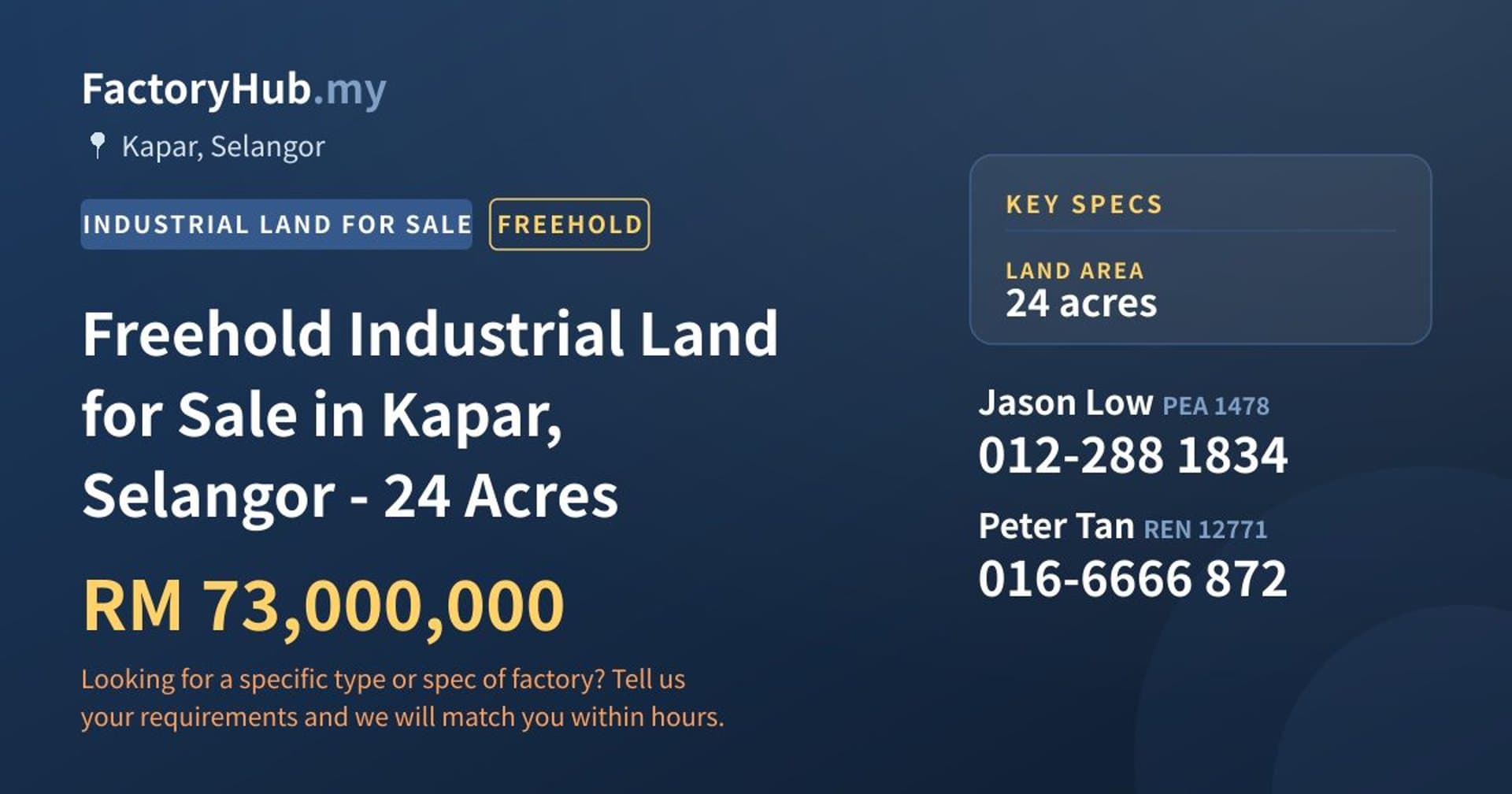 Freehold Industrial Land for Sale in Kapar, Selangor - 24 Acres - Property image 1 of 2
