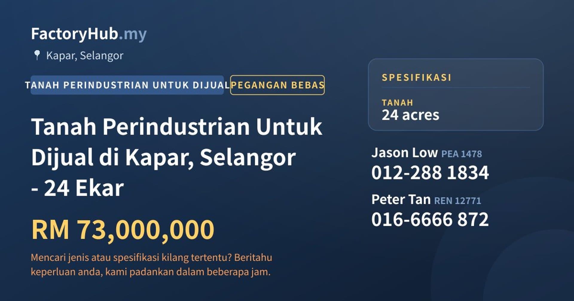 Tanah Perindustrian Untuk Dijual di Kapar, Selangor - 24 Ekar · Imej hartanah 1/2
