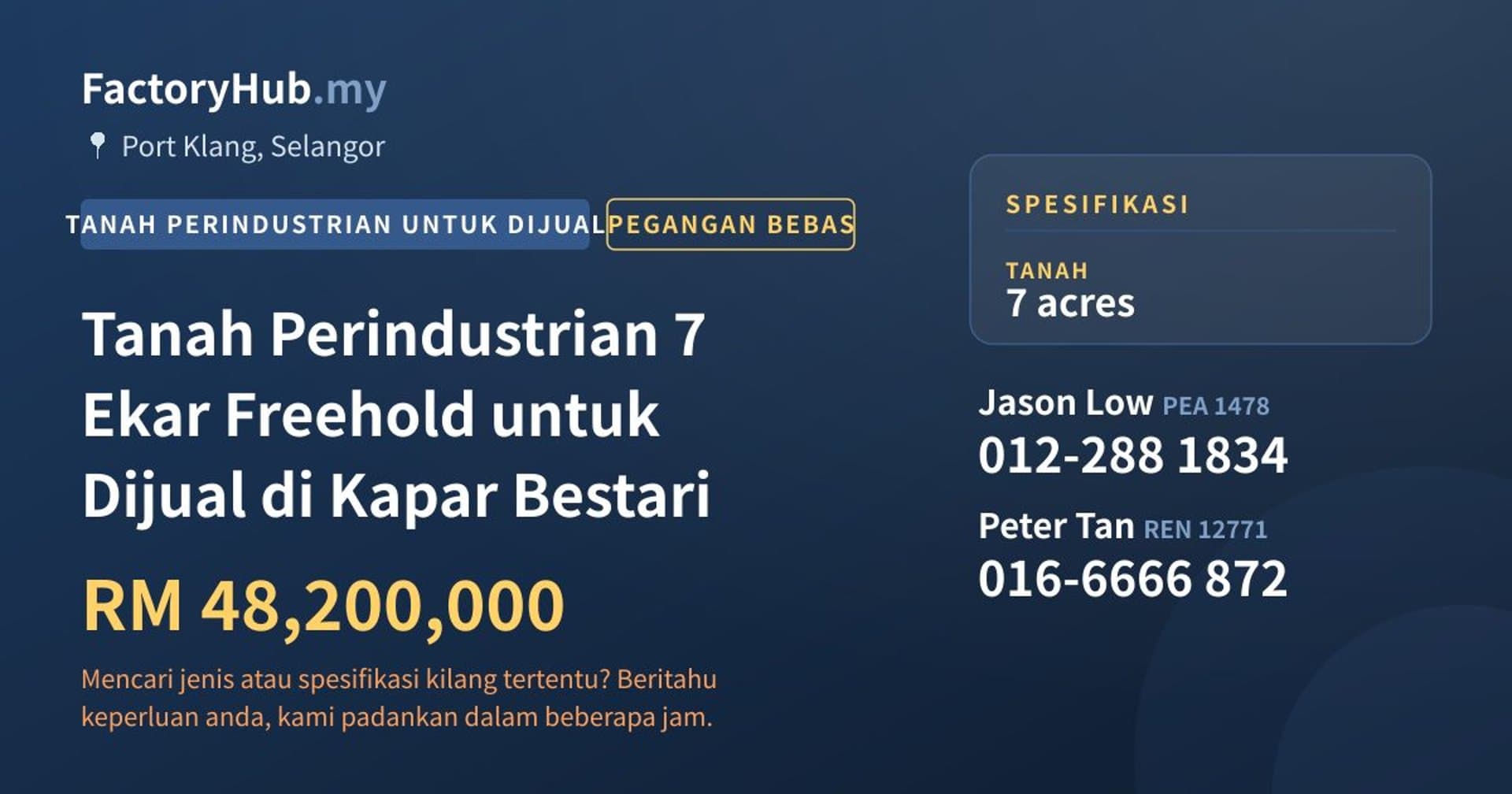 Tanah Perindustrian 7 Ekar Freehold untuk Dijual di Kapar Bestari · Imej hartanah 1/2
