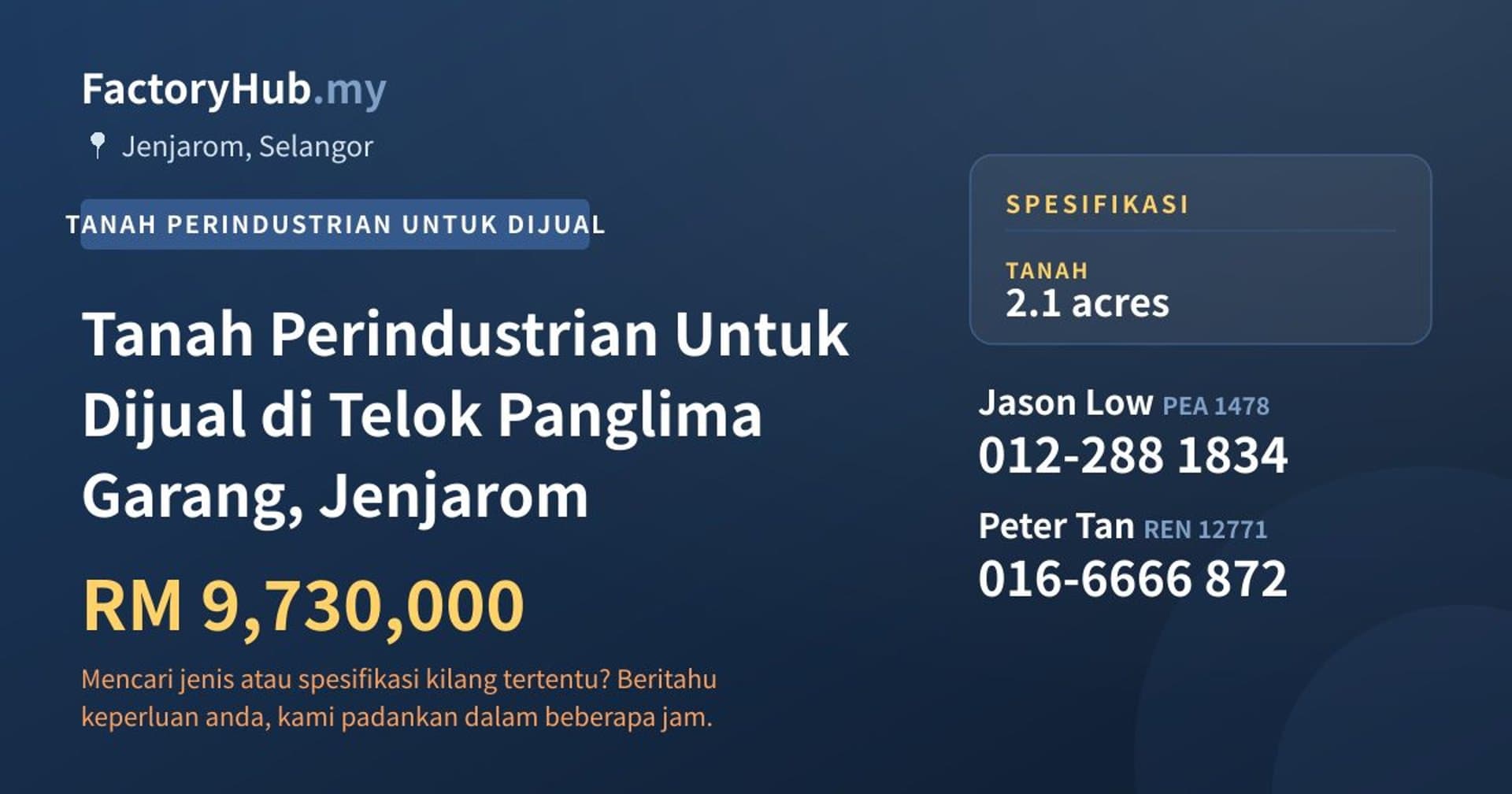 Tanah Perindustrian Untuk Dijual di Telok Panglima Garang, Jenjarom · Imej hartanah 1/2
