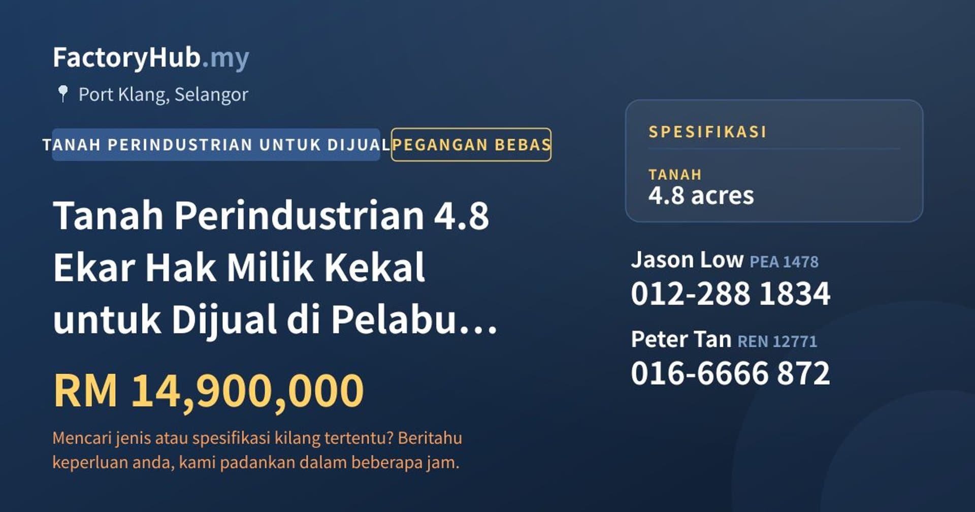 Tanah Perindustrian 4.8 Ekar Hak Milik Kekal untuk Dijual di Pelabuhan Klang · Imej hartanah 1/2