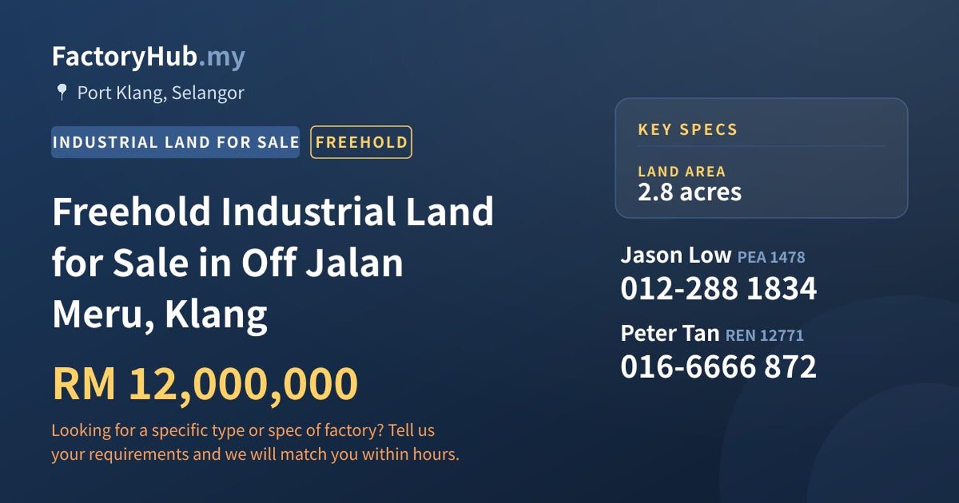 Freehold Industrial Land for Sale in Off Jalan Meru, Klang - Property image 1 of 2