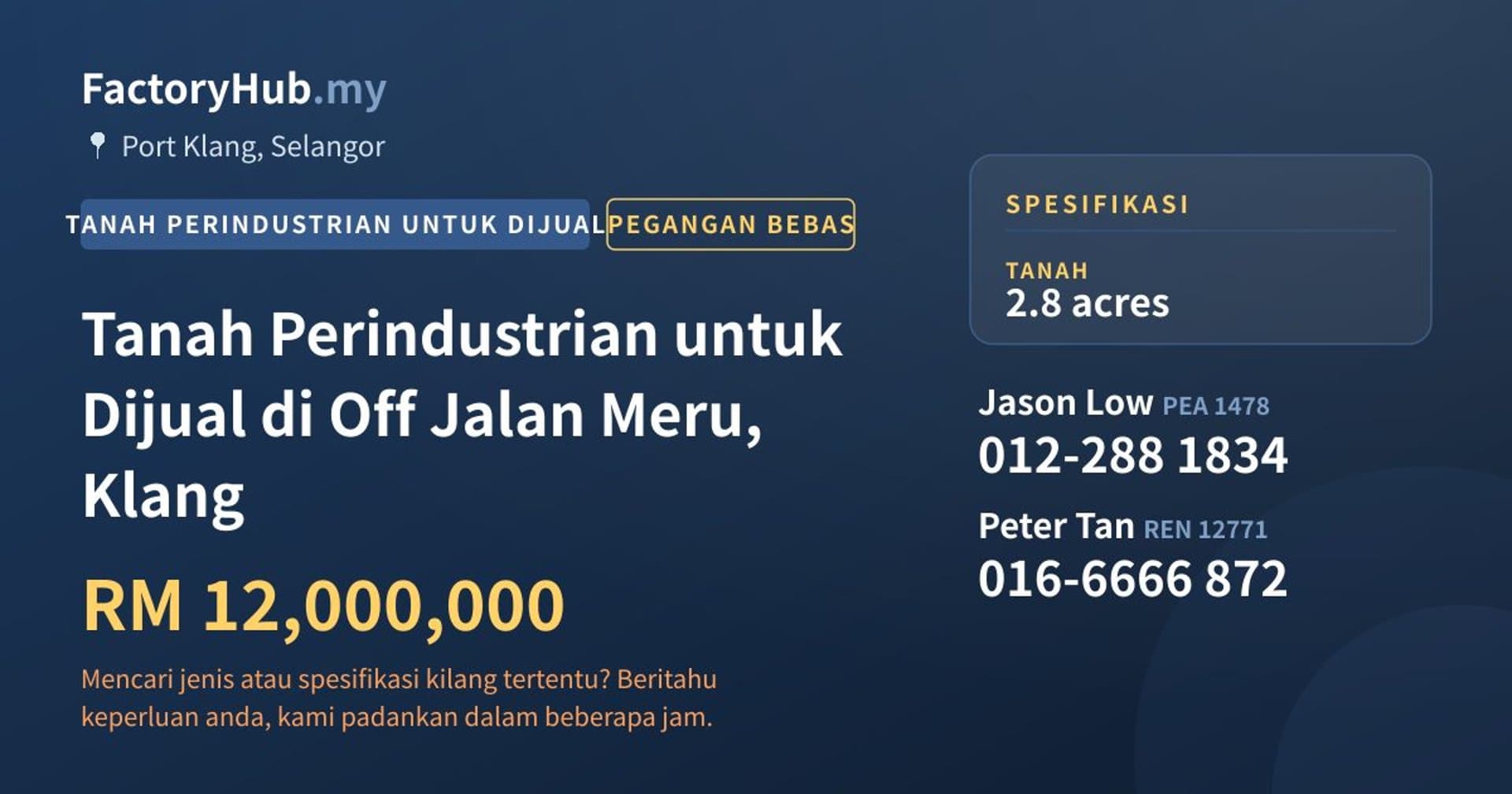Tanah Perindustrian untuk Dijual di Off Jalan Meru, Klang · Imej hartanah 1/2