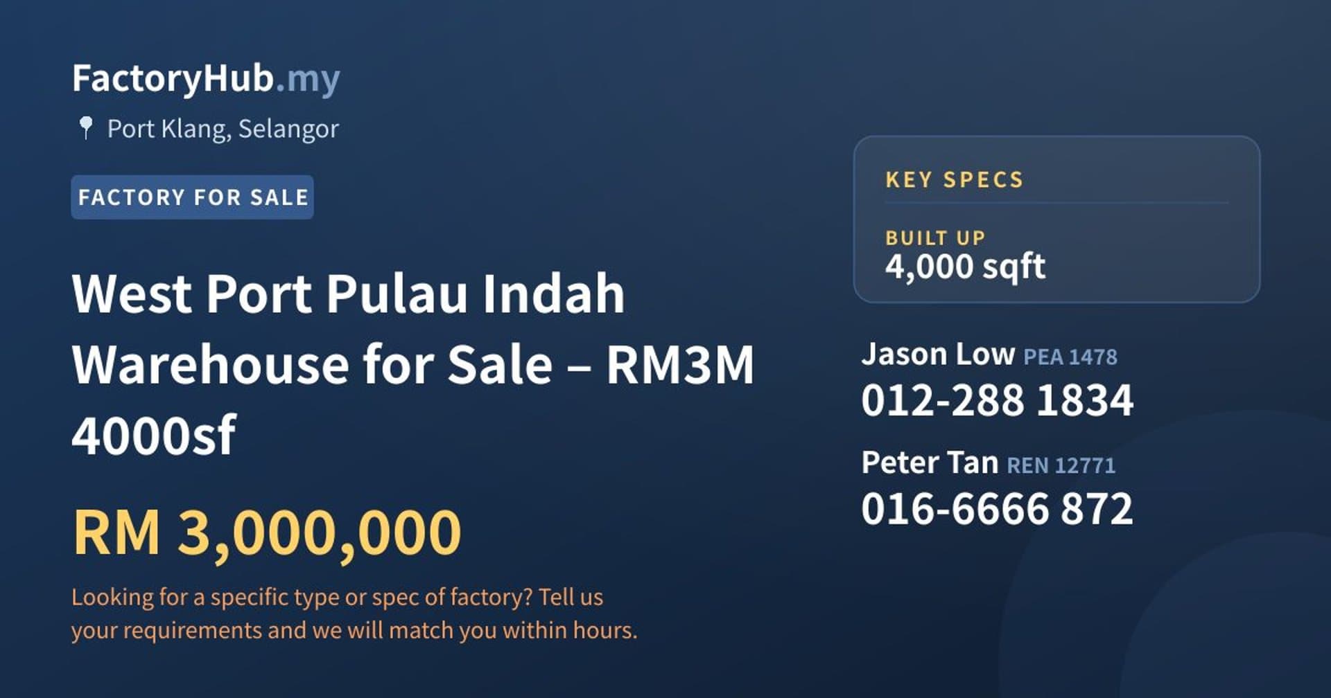 West Port Pulau Indah Warehouse for Sale – RM3M 4000sf - Property image 1 of 6