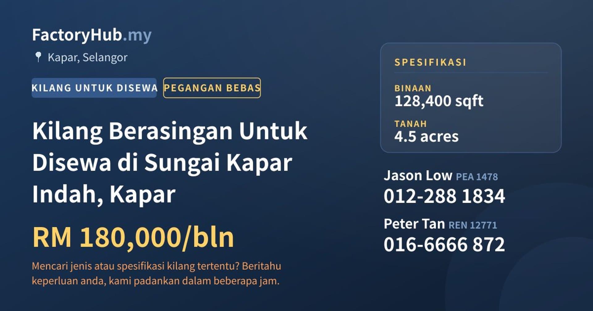 Kilang Berasingan Untuk Disewa di Sungai Kapar Indah, Kapar · Imej hartanah 1/2