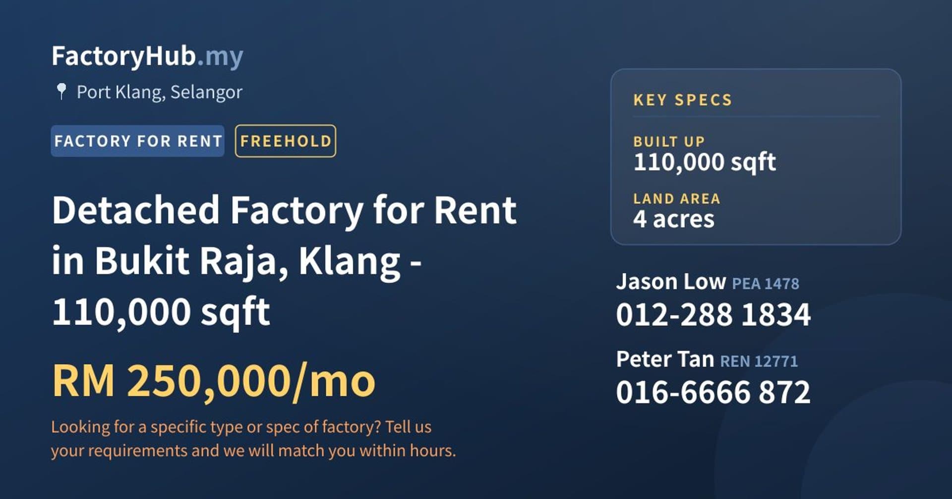 Detached Factory for Rent in Bukit Raja, Klang - 110,000 sqft - Property image 1 of 2