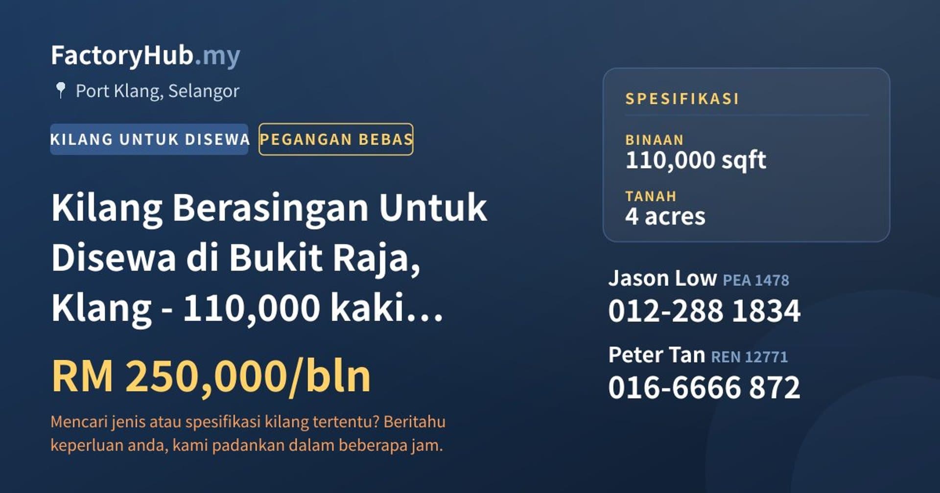 Kilang Berasingan Untuk Disewa di Bukit Raja, Klang - 110,000 kaki persegi · Imej hartanah 1/2
