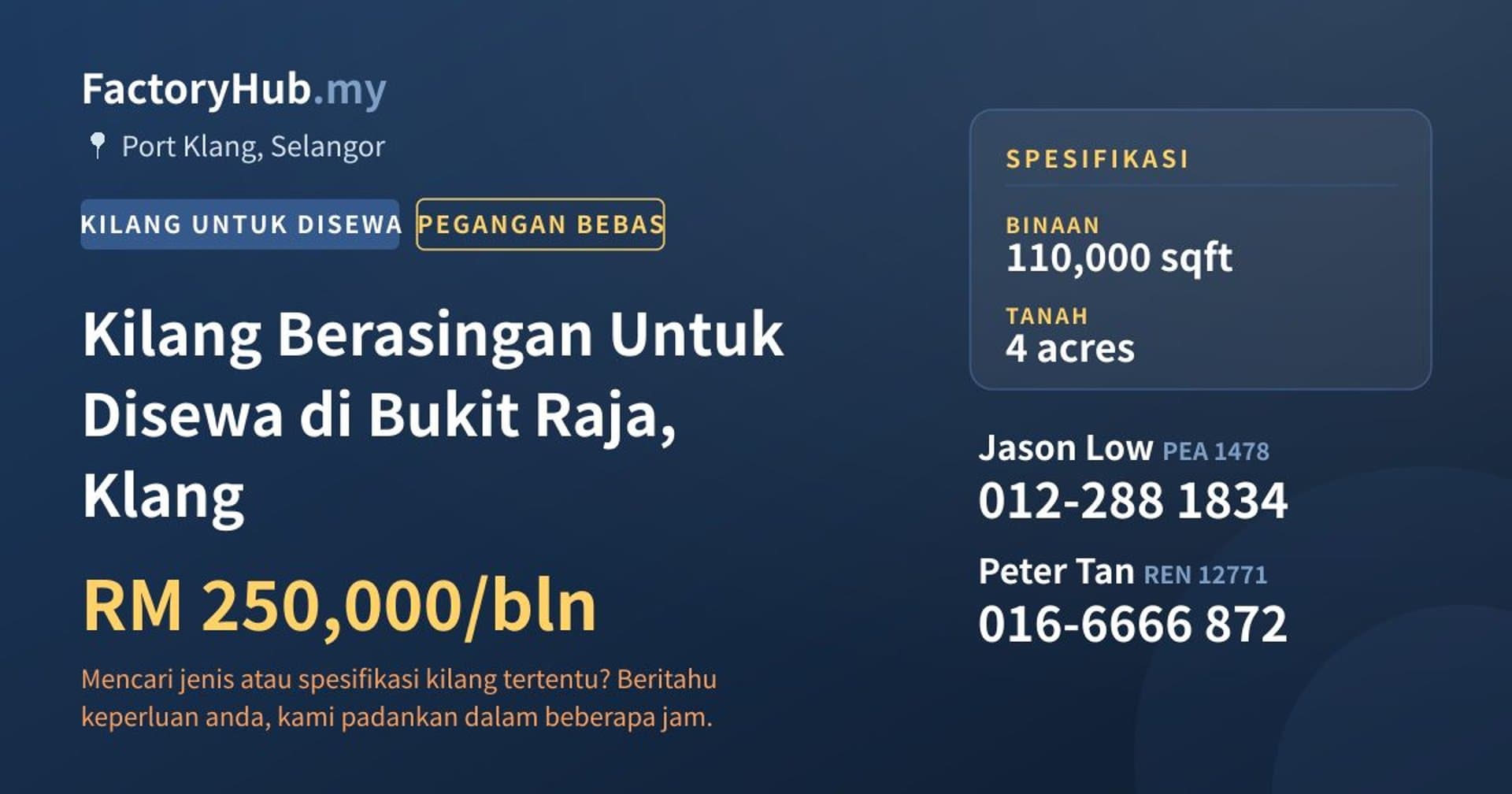 Kilang Berasingan Untuk Disewa di Bukit Raja, Klang · Imej hartanah 1/2