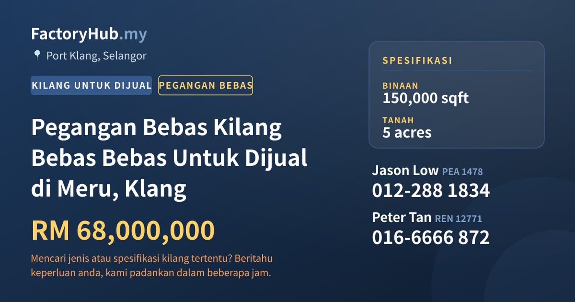 Pegangan Bebas Kilang Bebas Bebas Untuk Dijual di Meru, Klang · Imej hartanah 1/2