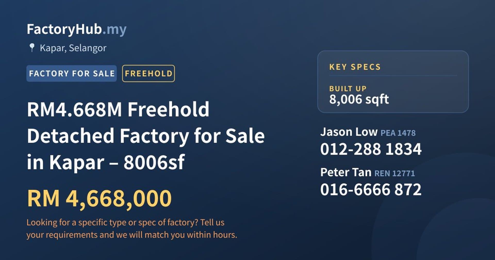 RM4.668M Freehold Detached Factory for Sale in Kapar – 8006sf - Property image 1 of 5