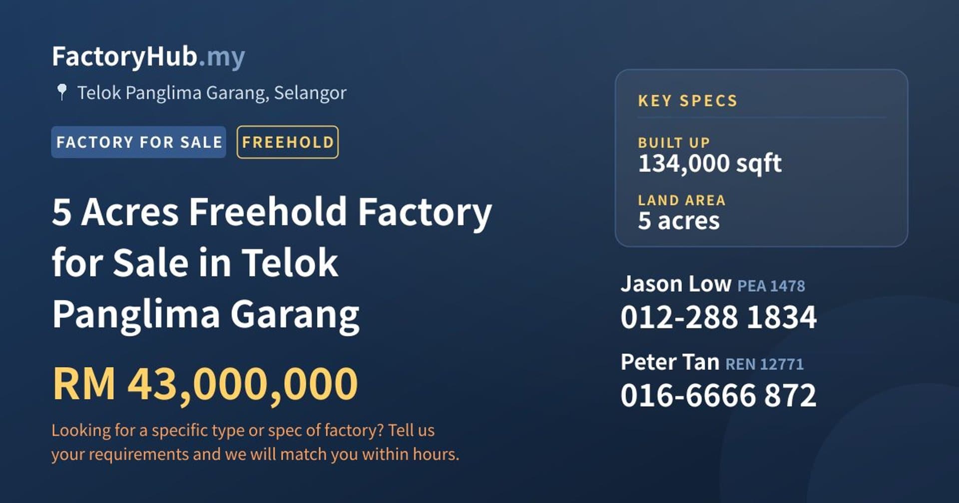 5 Acres Freehold Factory for Sale in Telok Panglima Garang - Property image 1 of 2