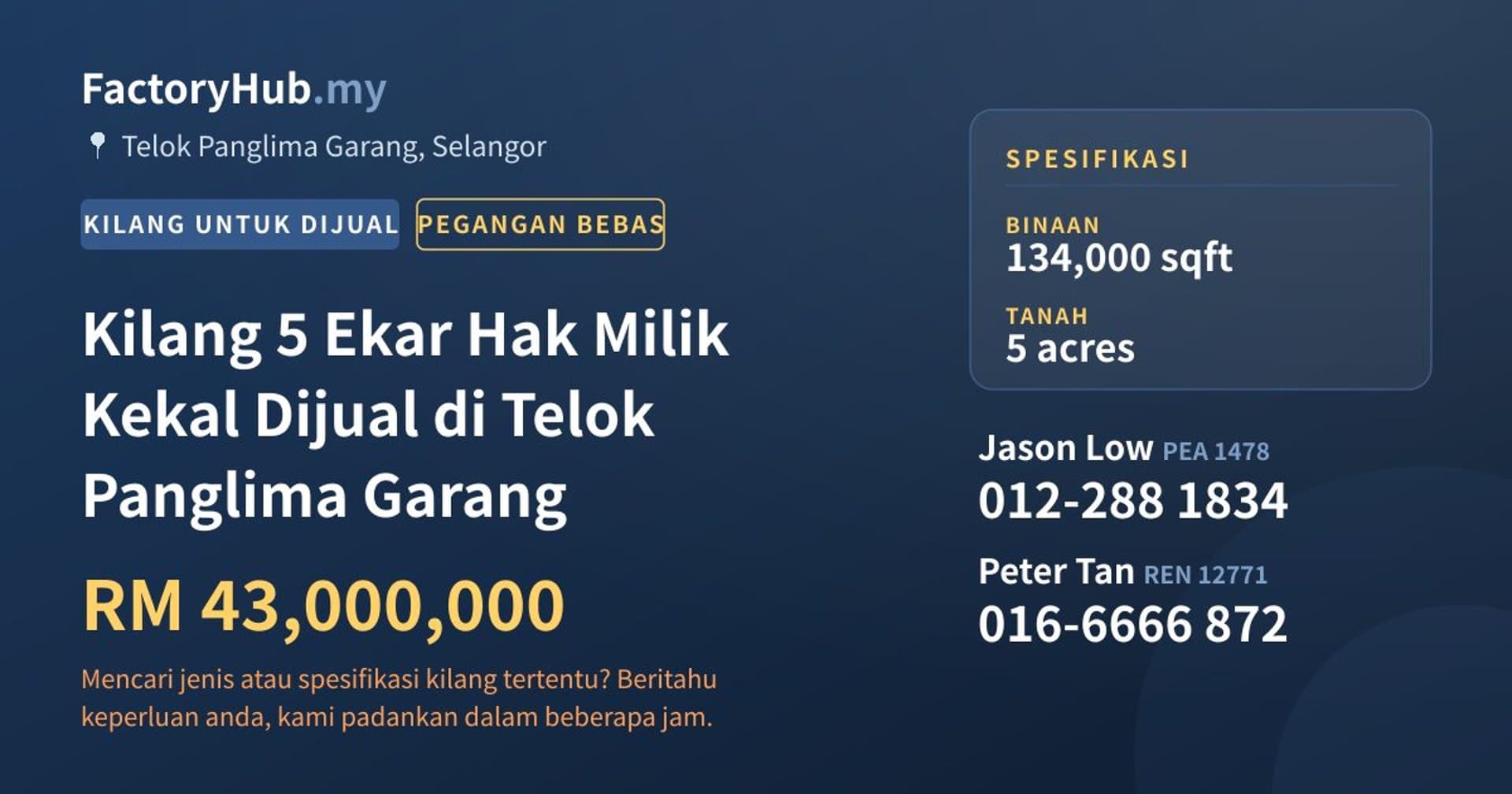Kilang 5 Ekar Hak Milik Kekal Dijual di Telok Panglima Garang · Imej hartanah 1/2