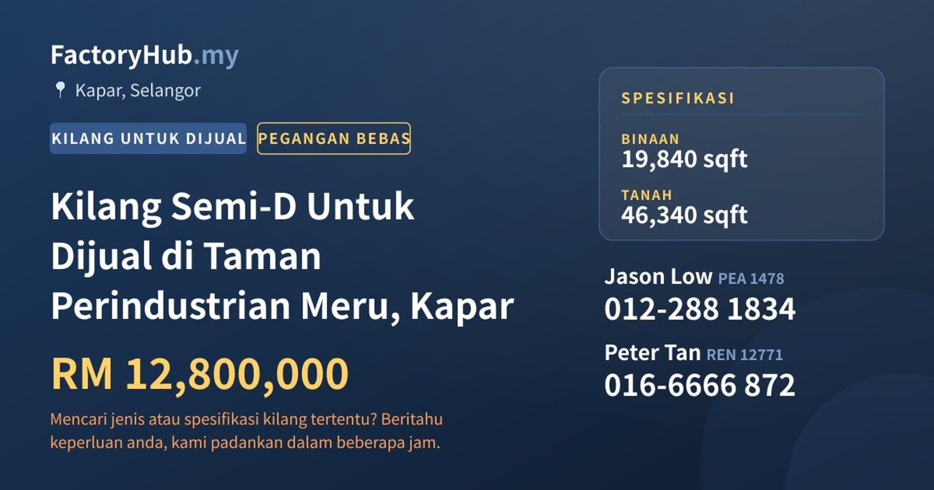 Kilang Semi-D Untuk Dijual di Taman Perindustrian Meru, Kapar · Imej hartanah 1/2