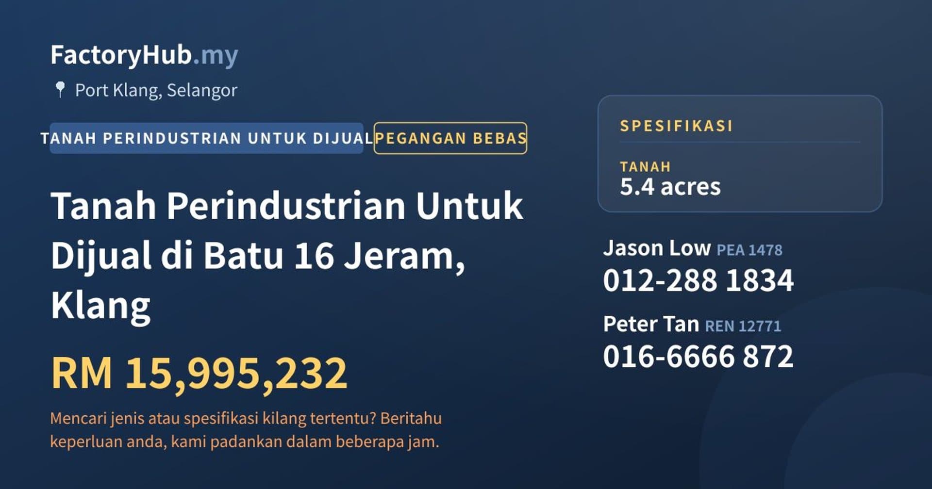Tanah Perindustrian Untuk Dijual di Batu 16 Jeram, Klang · Imej hartanah 1/2