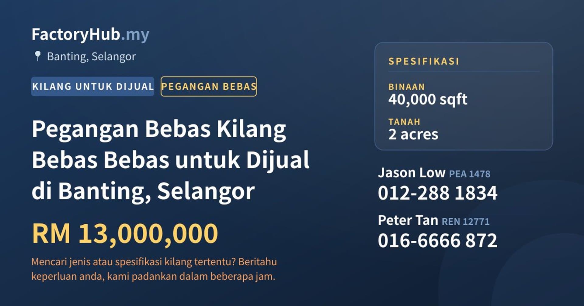 Pegangan Bebas Kilang Bebas Bebas untuk Dijual di Banting, Selangor · Imej hartanah 1/2
